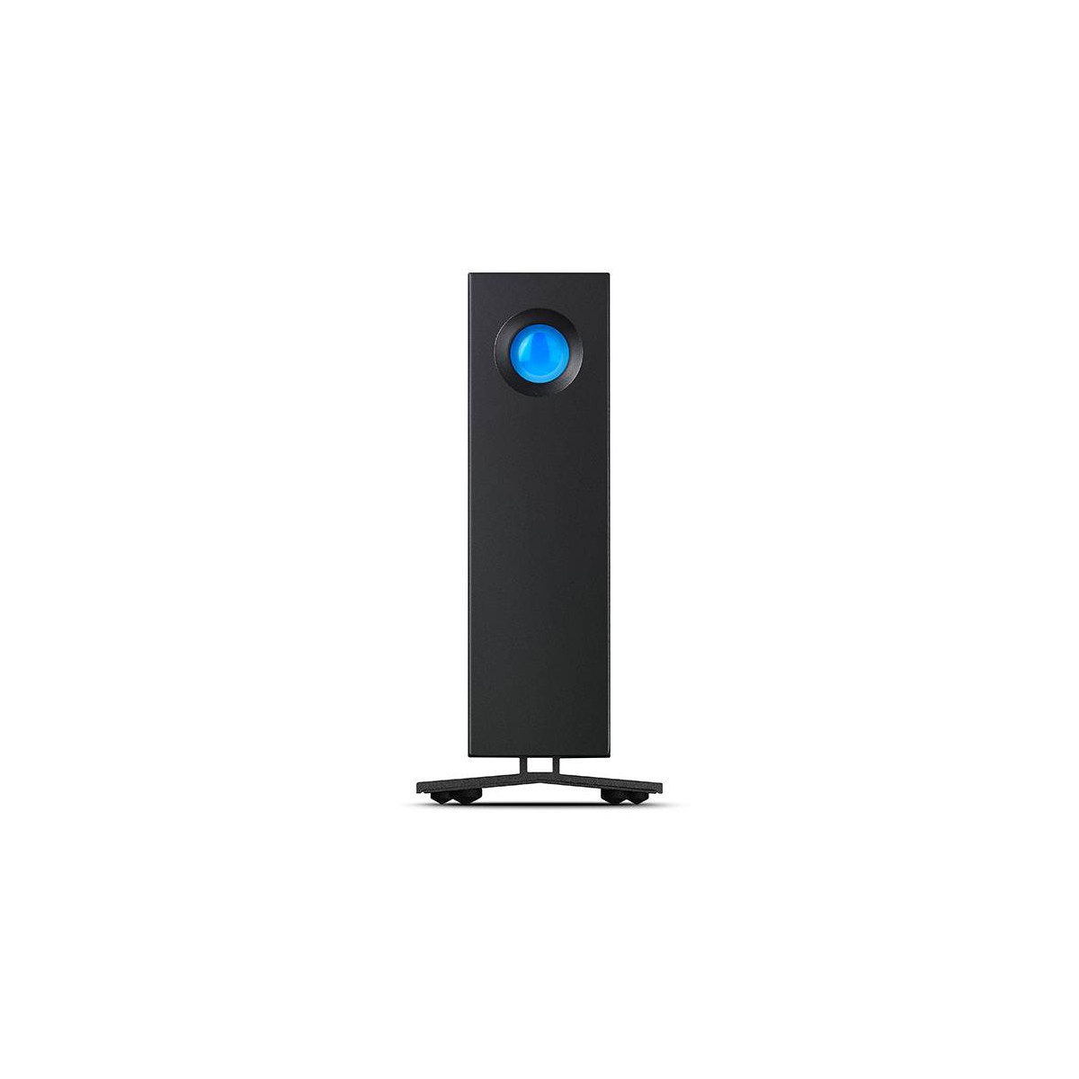 Ein schwarzes Festplattengehäuse steht senkrecht auf einem kleinen Ständer mit einer leuchtend blauen Status-LED oben.