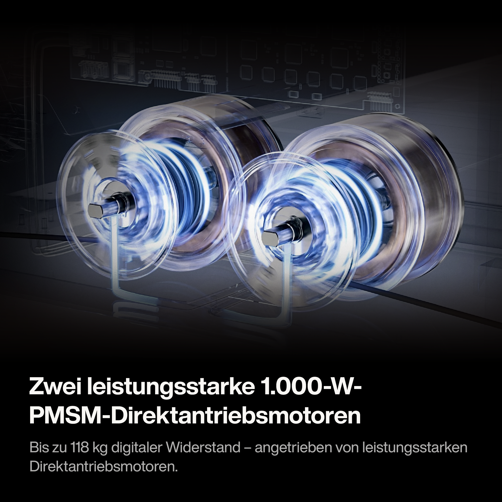 Zwei starke 1000-W-PMSM-Direktantriebsmotoren in einem dunklen technischen Hintergrund mit deutscher Textüberlagerung.