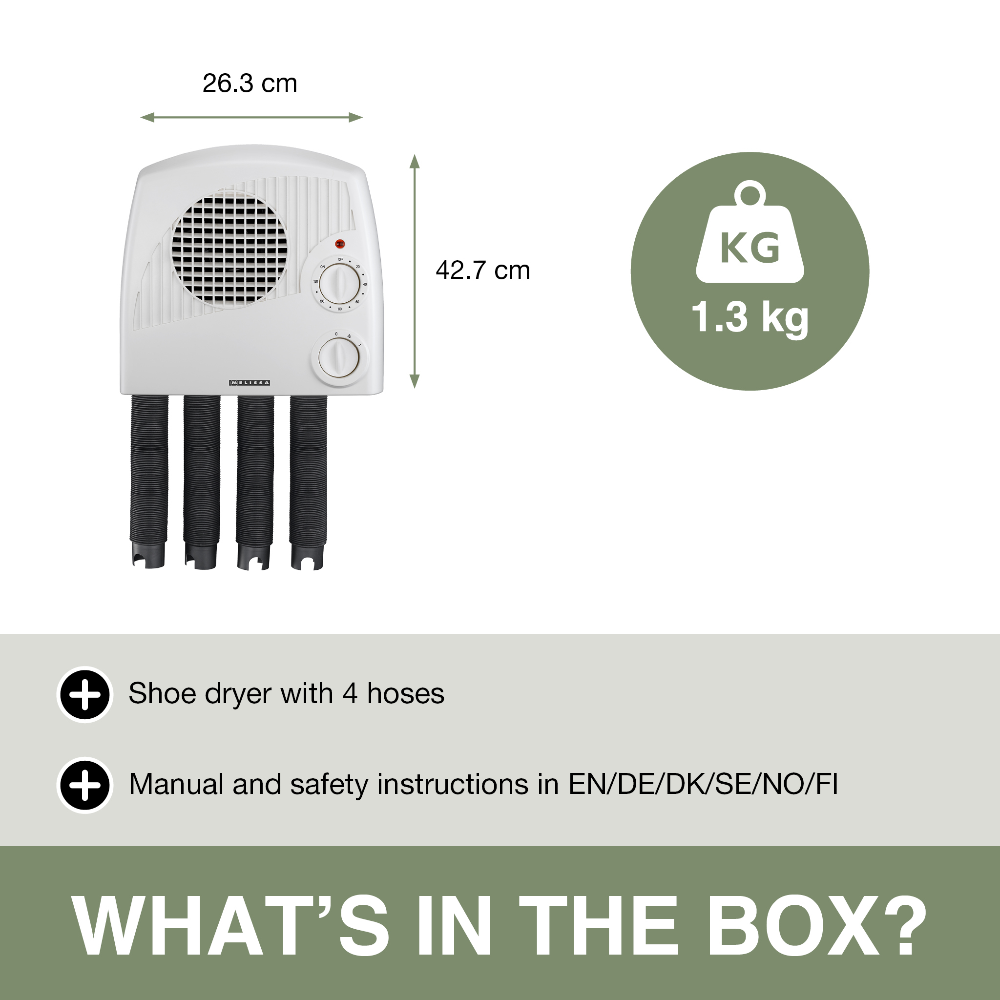 Diagramm zeigt Schuhtrockner mit vier Schläuchen, Maßen und Gewicht von 1,3 kg.