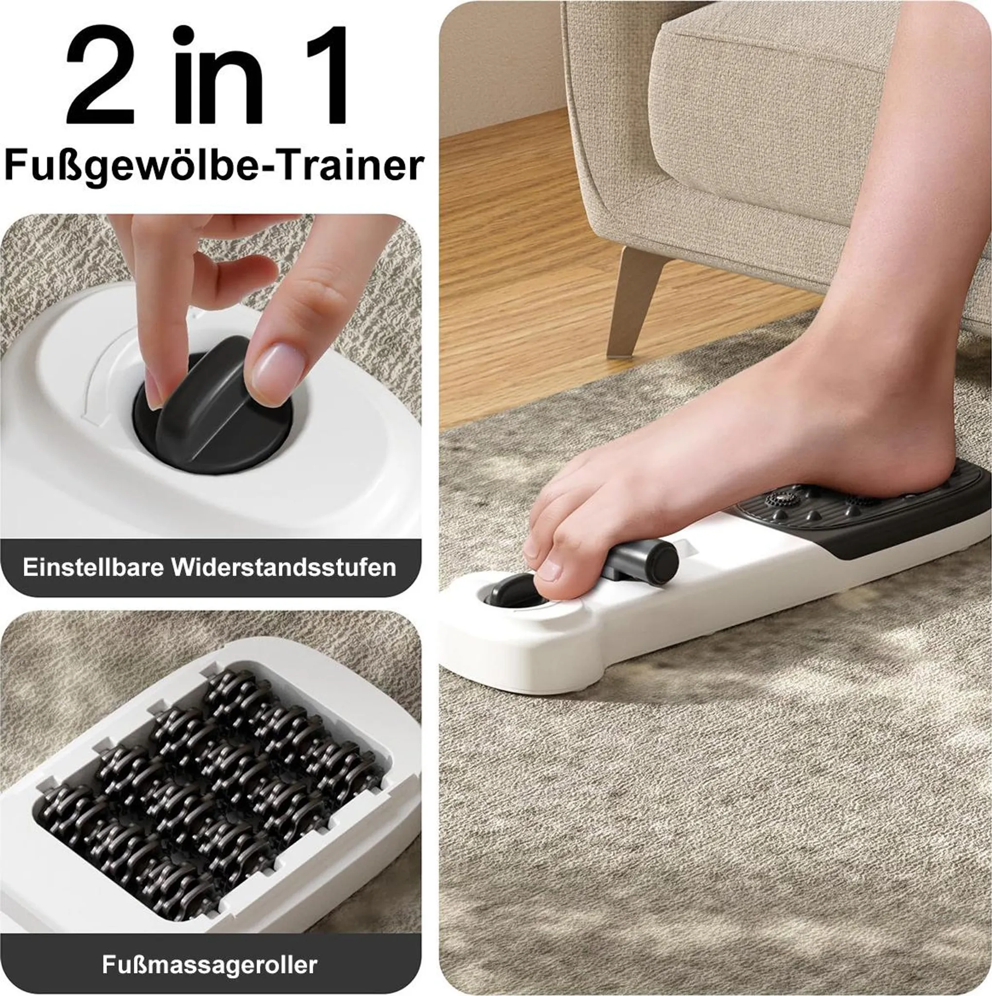 Ein 2-in-1-Fußgewölbetrainer mit einstellbaren Widerständen und einem Fußmassageroller auf einem Teppich.