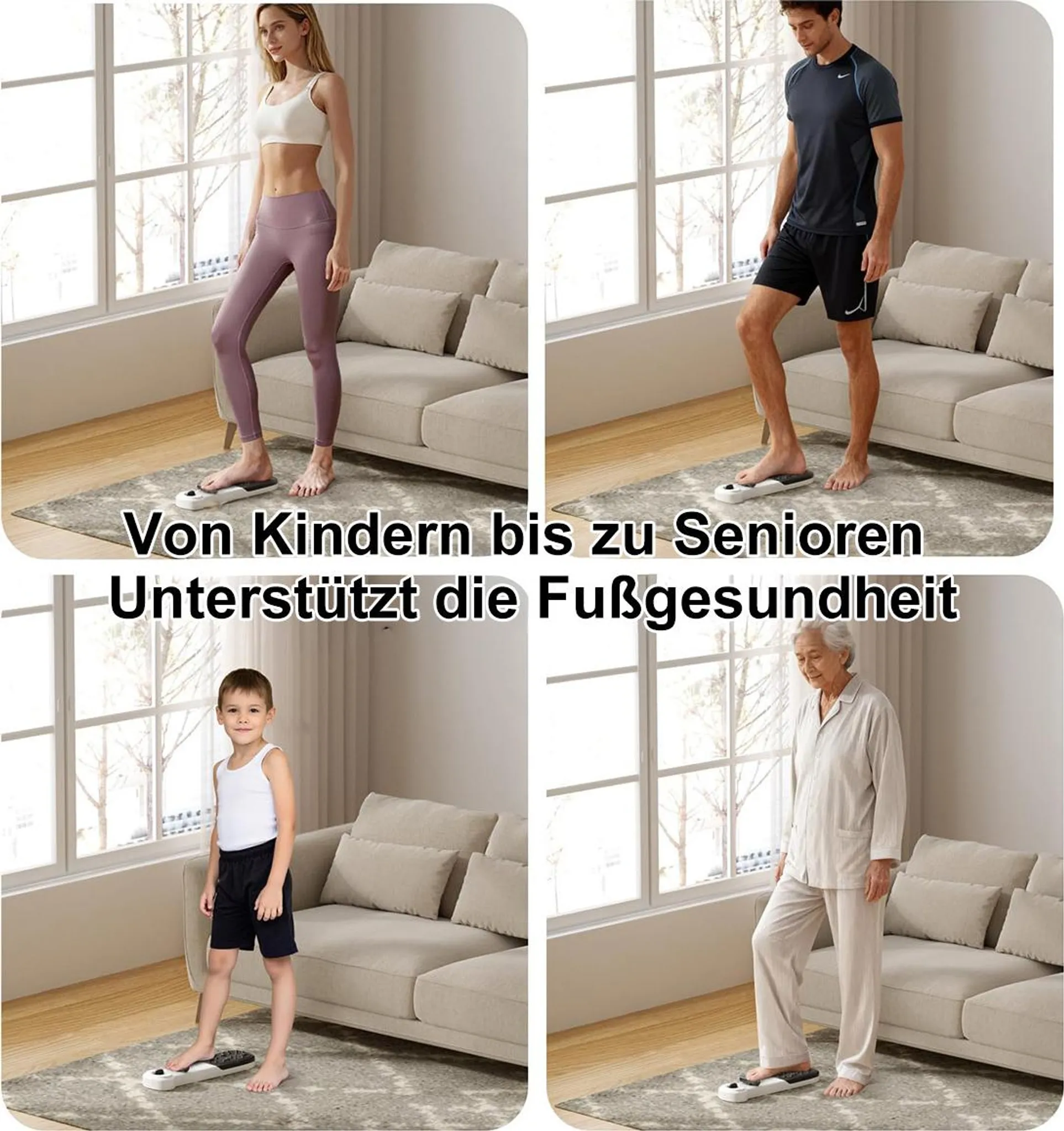 Vier Personen unterschiedlichen Alters stehen in einem Wohnzimmer auf Fußmassagegeräten.