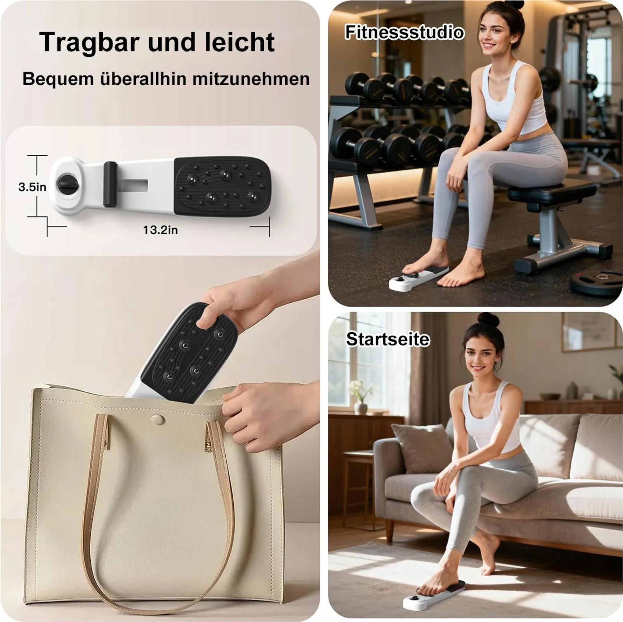 Kompaktes Fußmassagegerät, tragbar mit Tragetasche, ideal für Fitnessstudio und zu Hause.