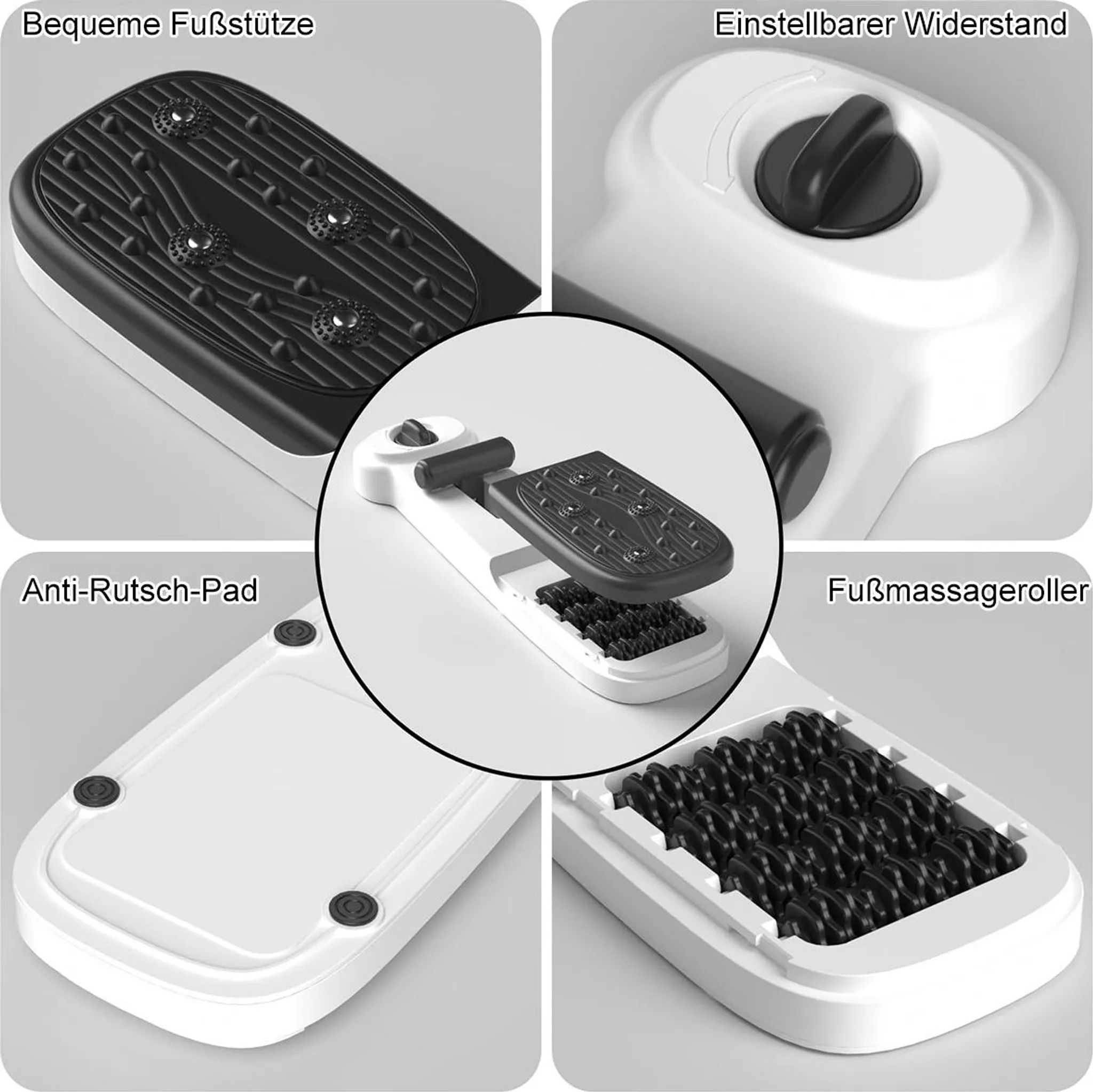 Vier Bilder zeigen Merkmale einer ergonomischen Fußstütze mit Massagefunktion und rutschfester Unterseite.