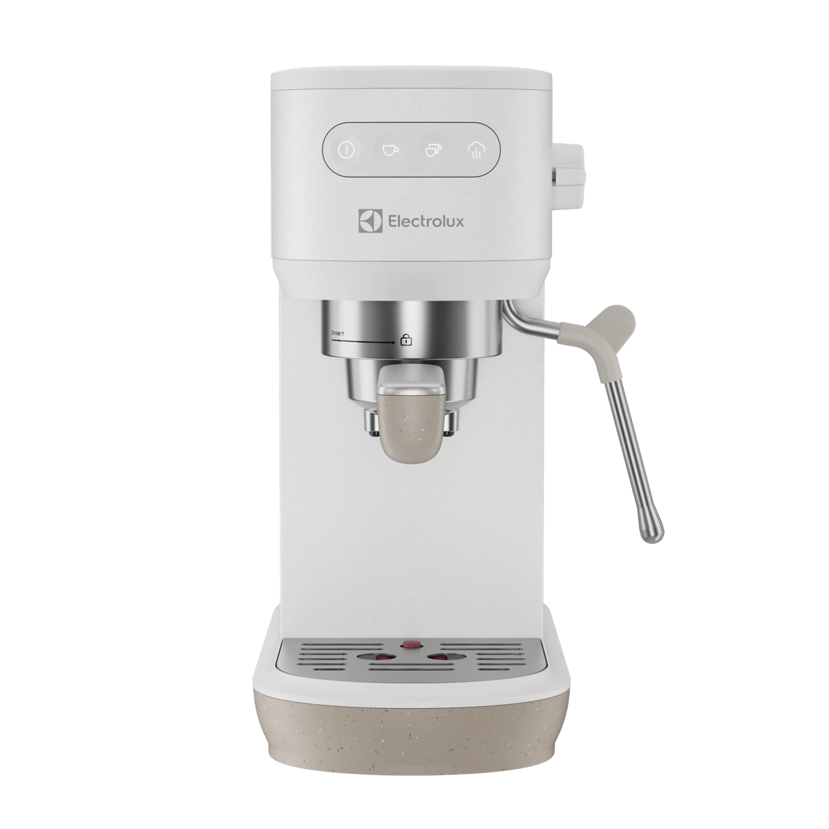 Una cafetera Electrolux blanca con piezas de metal, tubo de vapor y base beige.