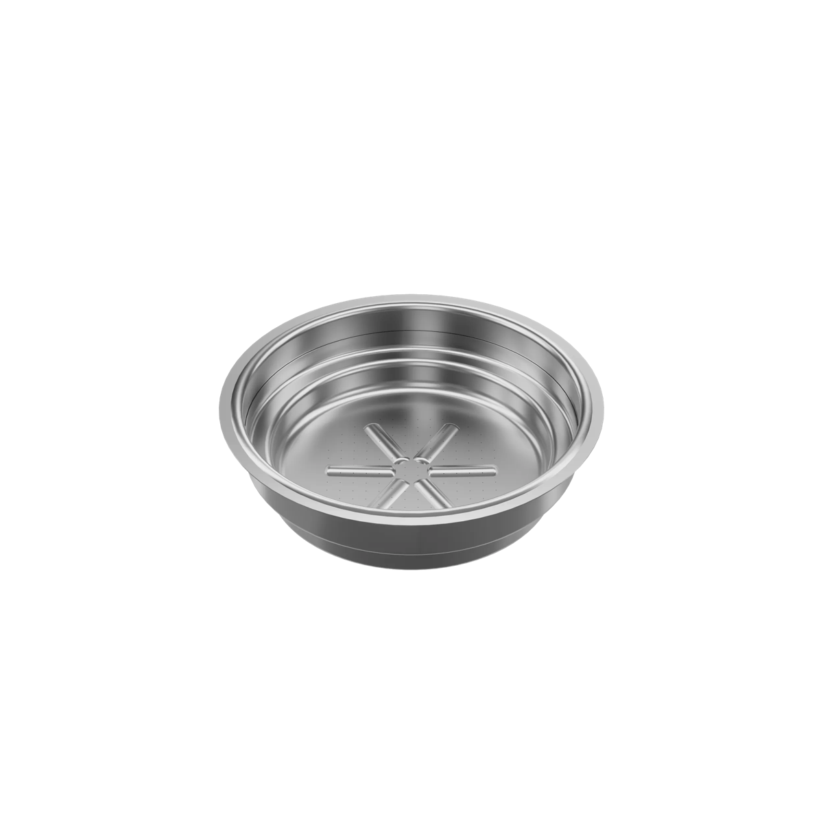 Una cápsula de café de metal plateado con una parte superior abierta y un patrón de agujeros en forma de estrella.