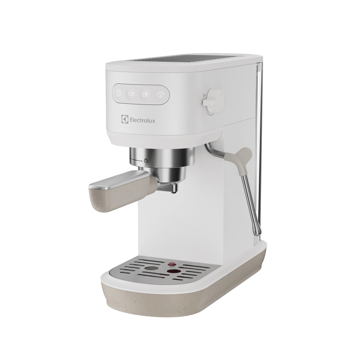 Una cafetera espresso Electrolux blanca y beige con tubo de vapor y portafiltro sobre fondo blanco.