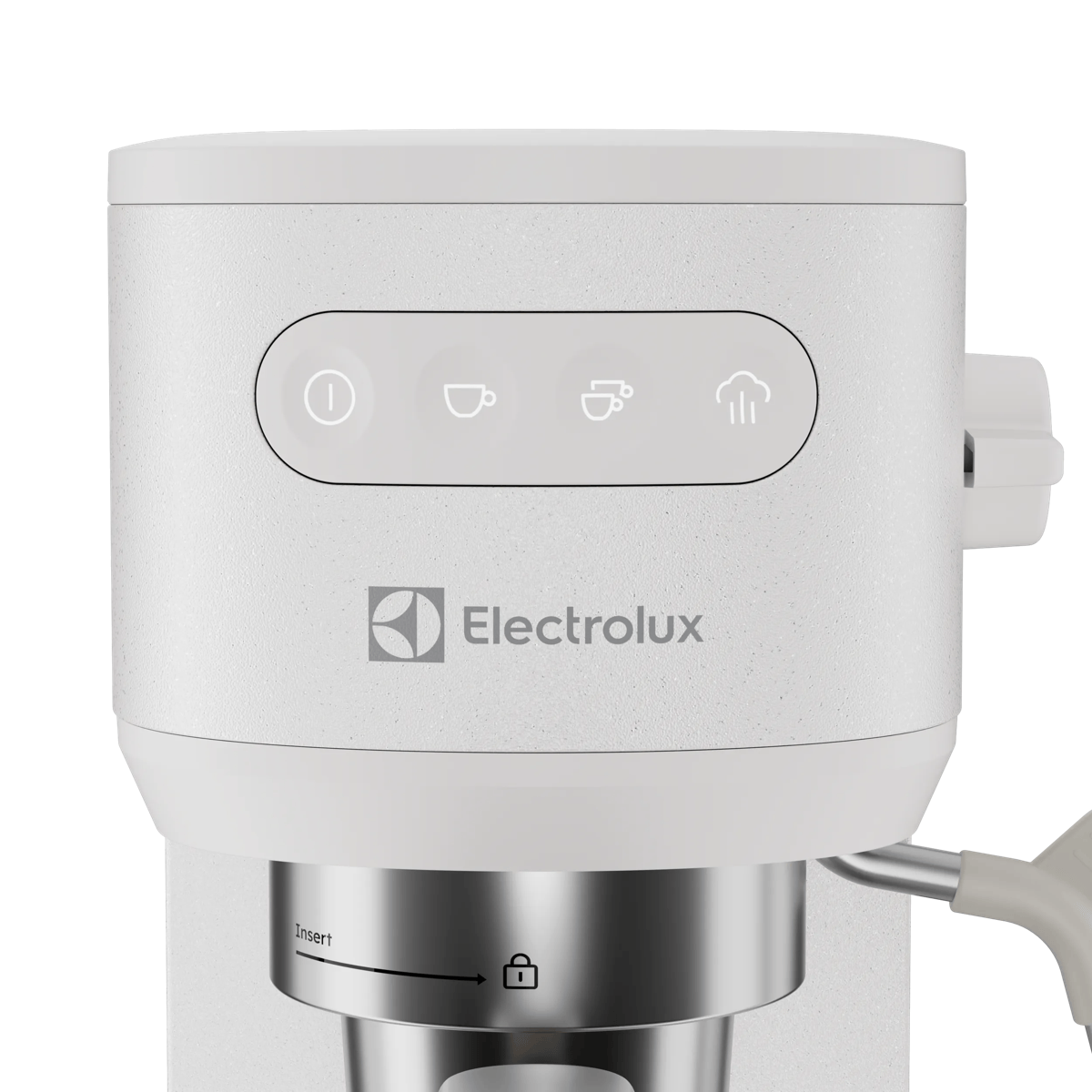 Cafetera blanca Electrolux con panel de control y portafiltro cromado.