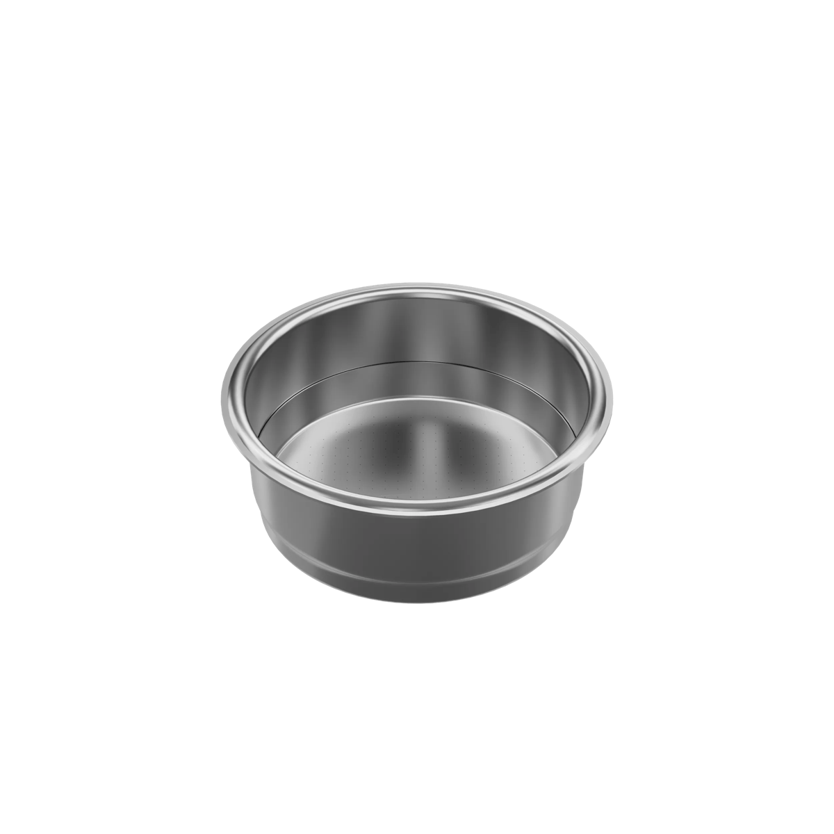 Un filtro de acero inoxidable para cafetera espresso sobre fondo blanco.