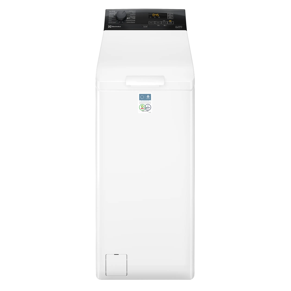 Una lavadora blanca de carga superior con panel de control negro arriba y dos pegatinas pequeñas.
