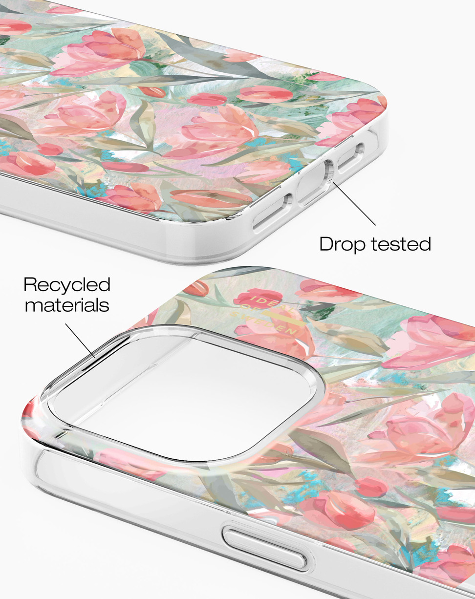 Handyhülle mit rosafarbenem Blumenmuster, recycelten Materialien und Drop-Test-Hinweis.