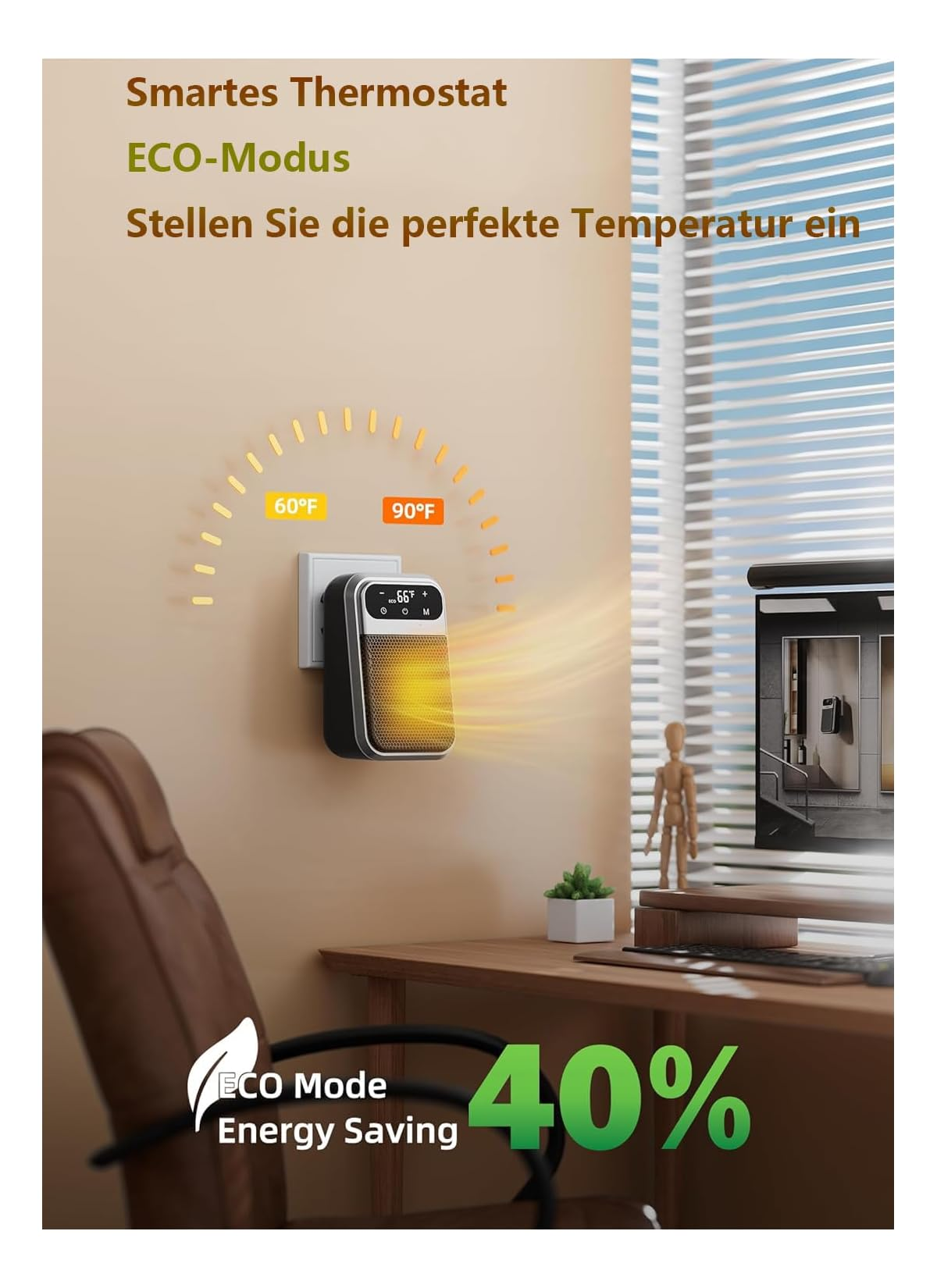 Ein kleines Steckdosen-Heizgerät an einer Wand in einem Raum, mit Text zur Energieeinsparung.