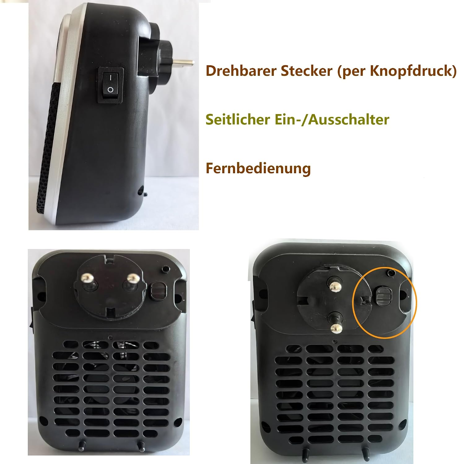 Schwarzer Mini-Heizlüfter mit drehbarem Stecker und seitlichem Schalter.