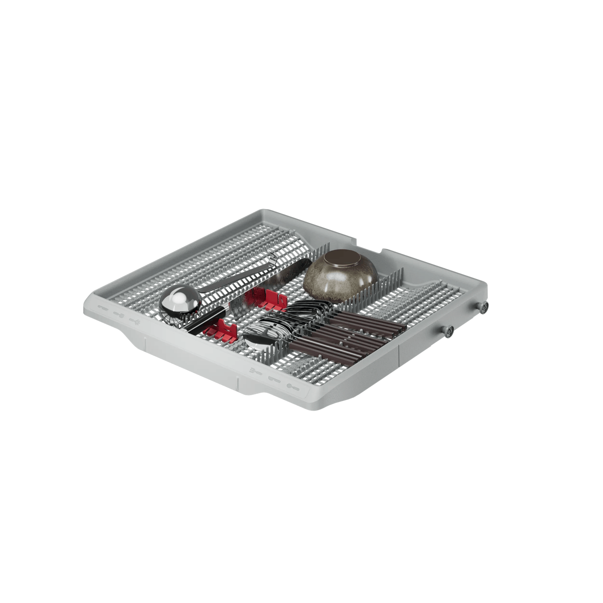 Cesta gris para cubiertos de lavavajillas con cubiertos, un bol y pequeños clips rojos.