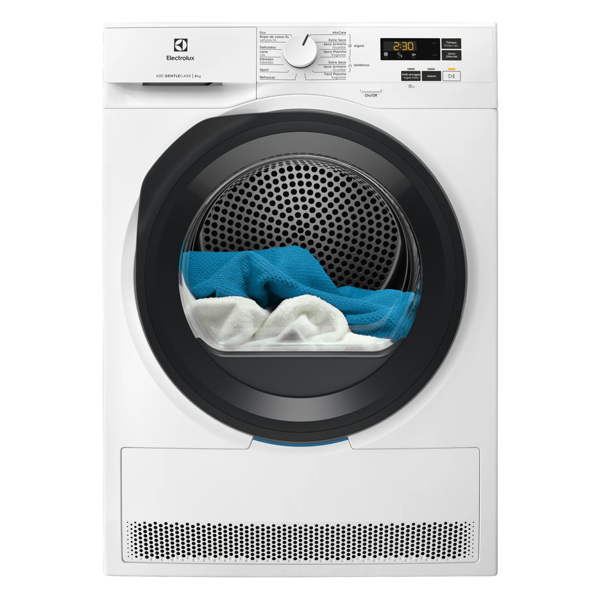 Una secadora blanca Electrolux con ropa azul y blanca en el tambor.