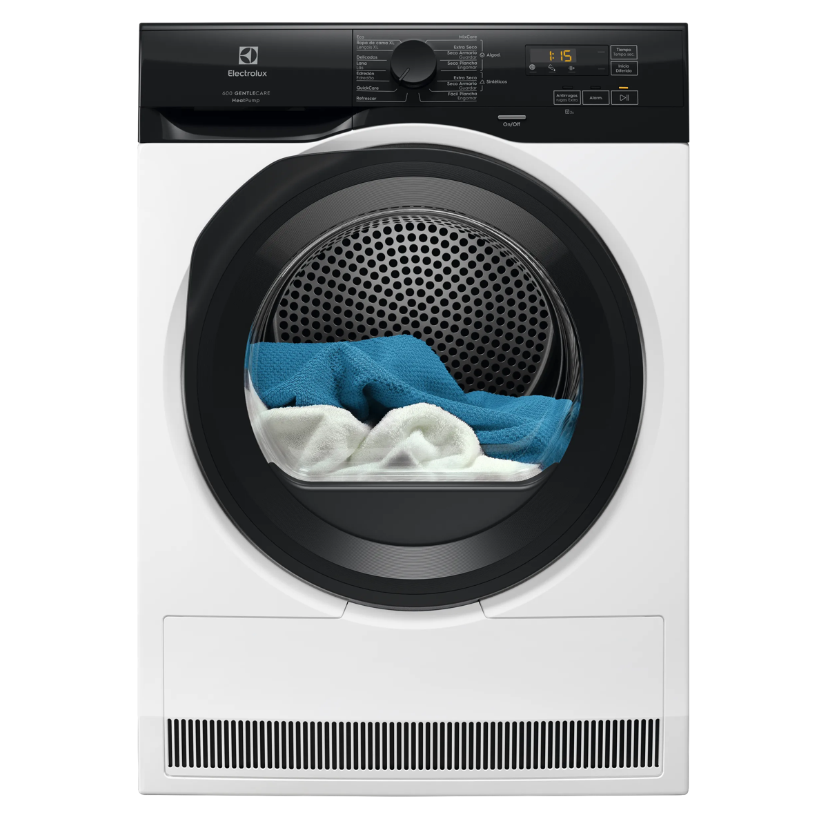 Secadora Electrolux blanca con panel negro y ropa azul y blanca dentro.