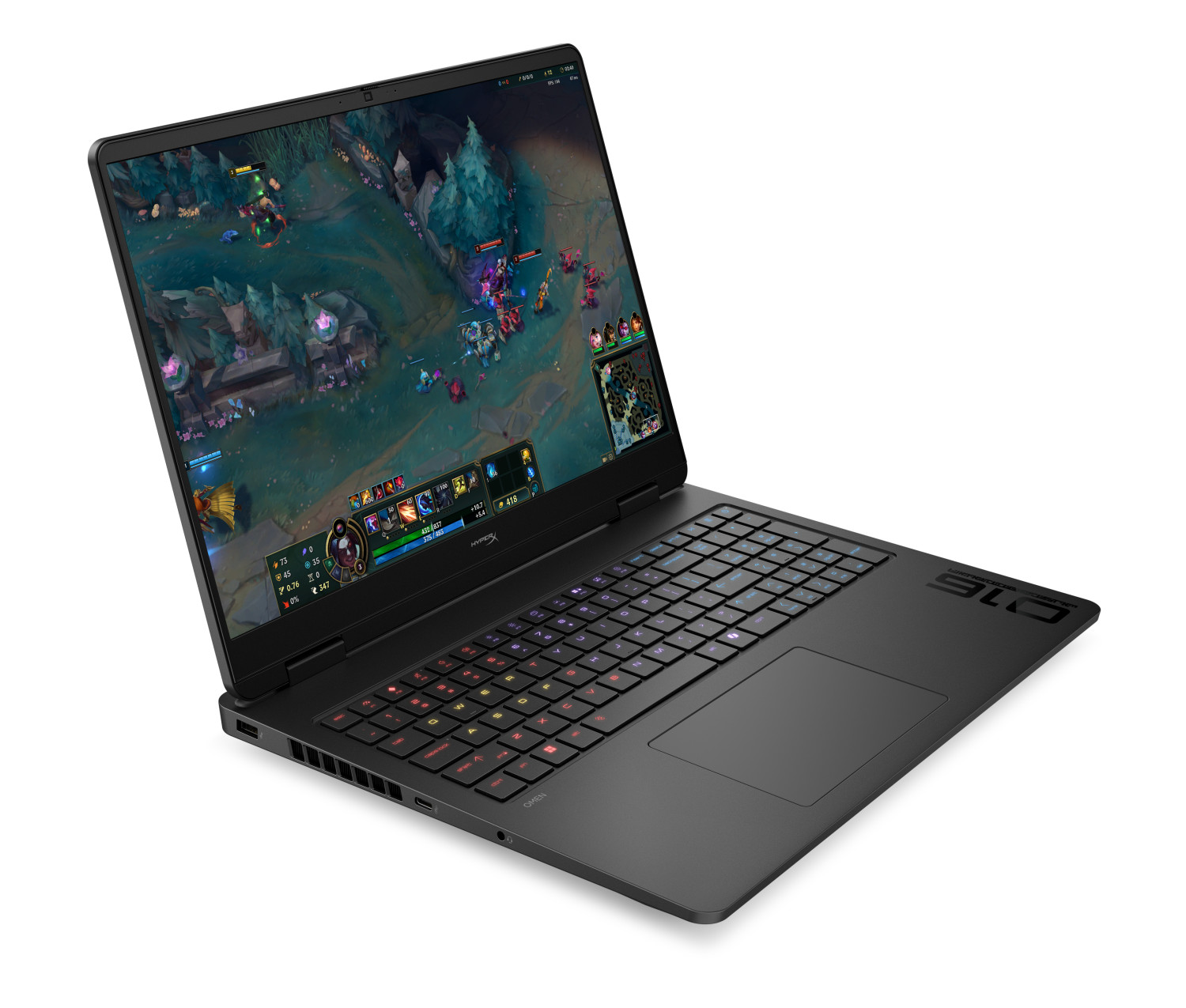 Un computer portatile da gioco nero su una superficie bianca mostra un videogioco sullo schermo.