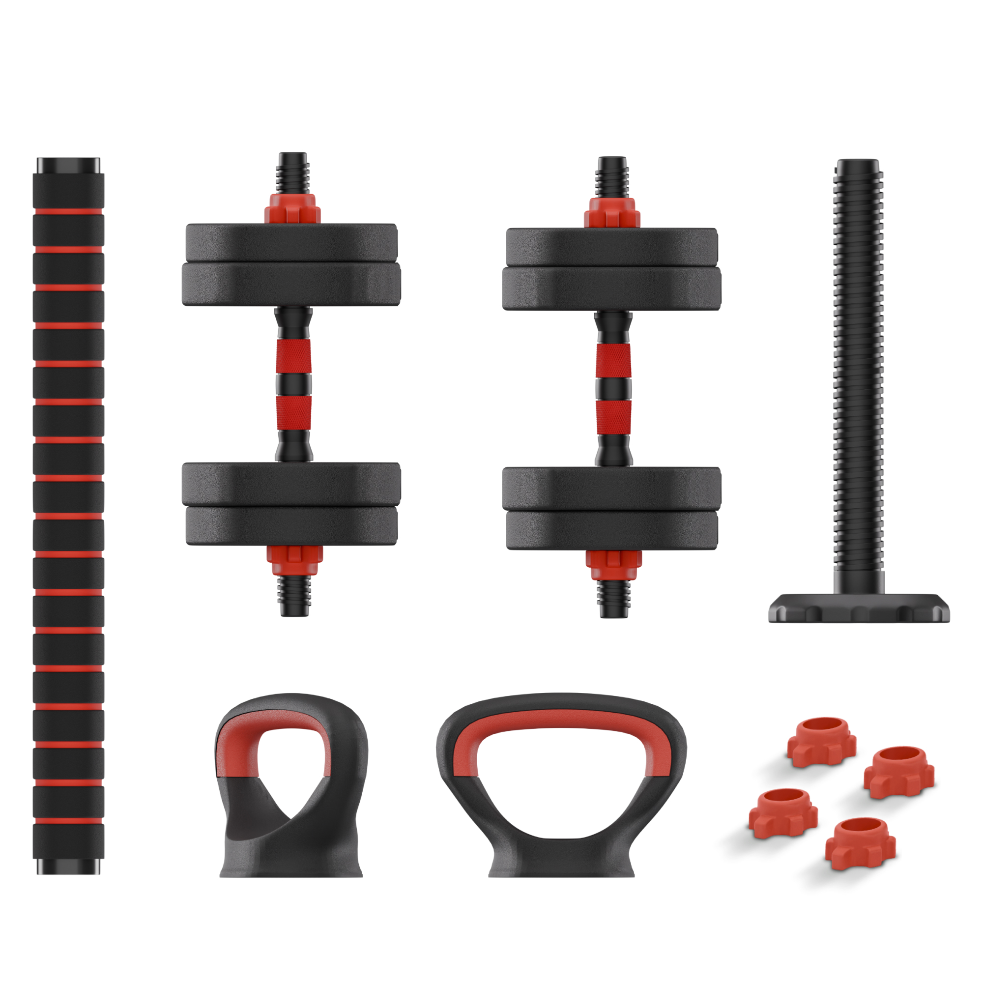 Conjunto de fitness ajustable con mancuernas, pesas rusas y barras en negro y rojo.