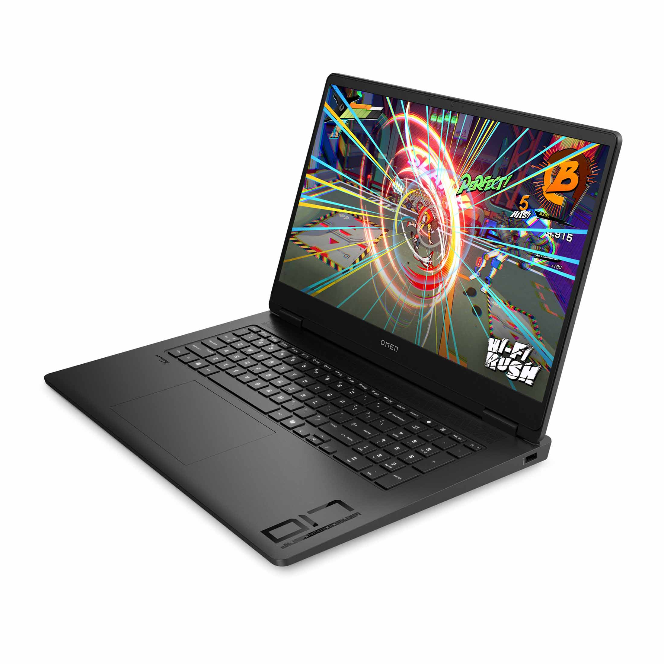 Ein schwarzer HP Omen Laptop auf weißer Oberfläche mit einem farbenfrohen Videospiel auf dem Bildschirm.