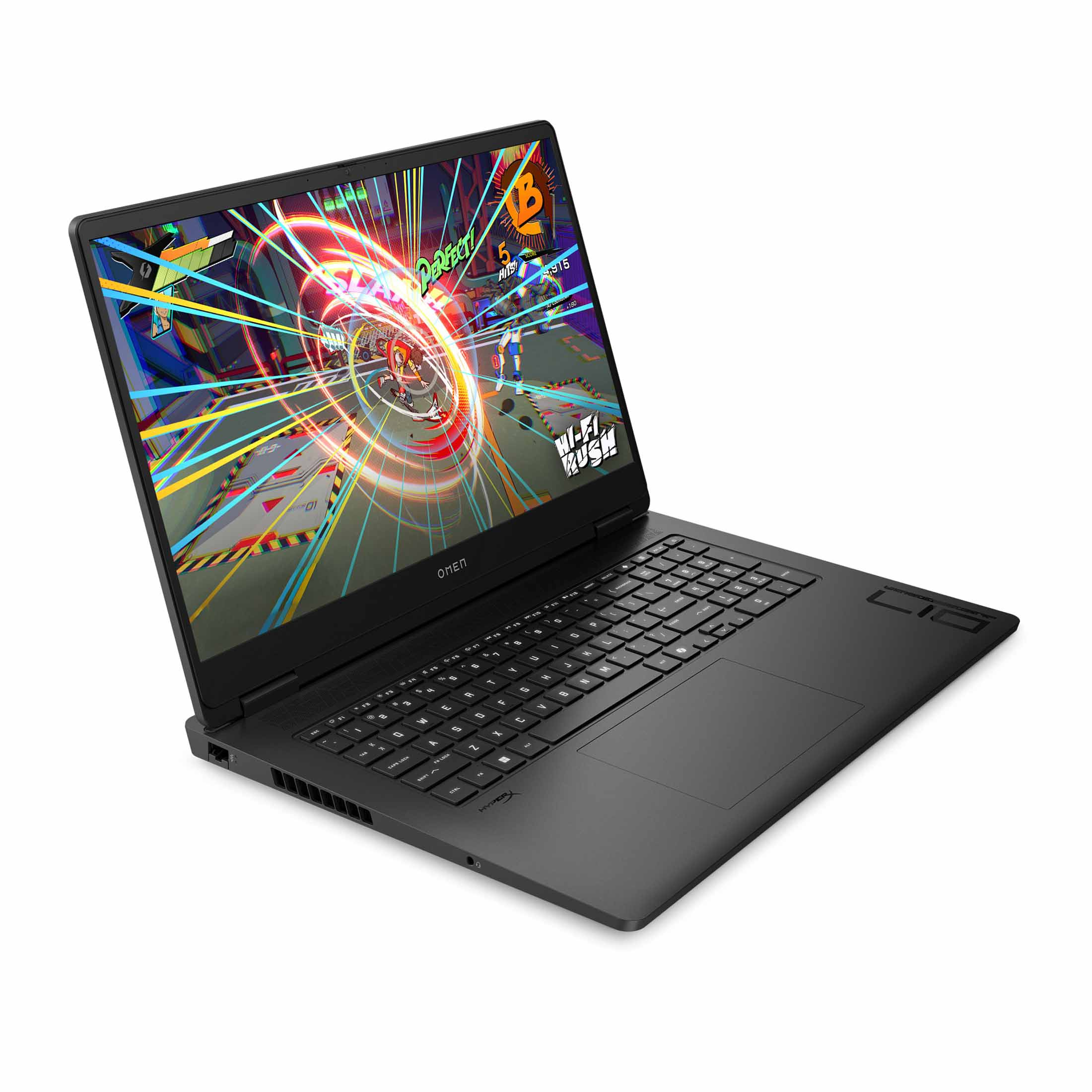 Ein schwarzer HP Omen Gaming-Laptop zeigt ein farbenfrohes Videospiel auf dem Bildschirm.