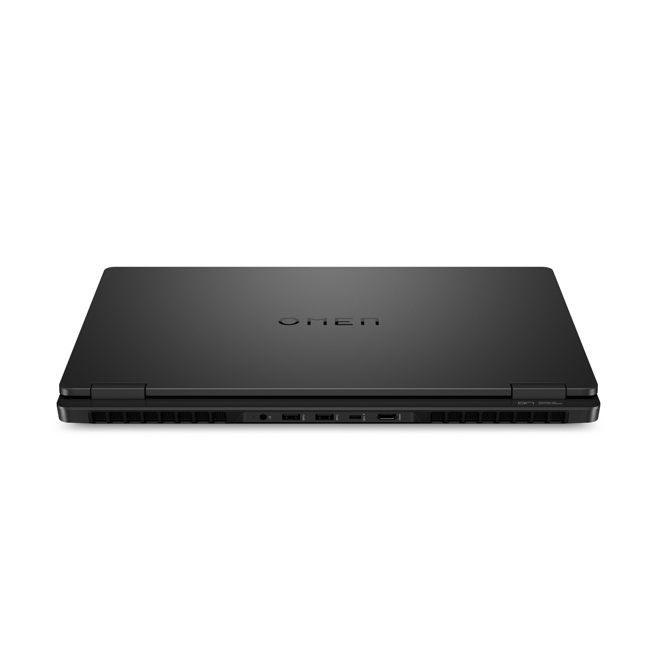 Geschlossener schwarzer Omen Gaming-Laptop von hinten mit sichtbaren Anschlüssen und Lüftungsschlitzen.