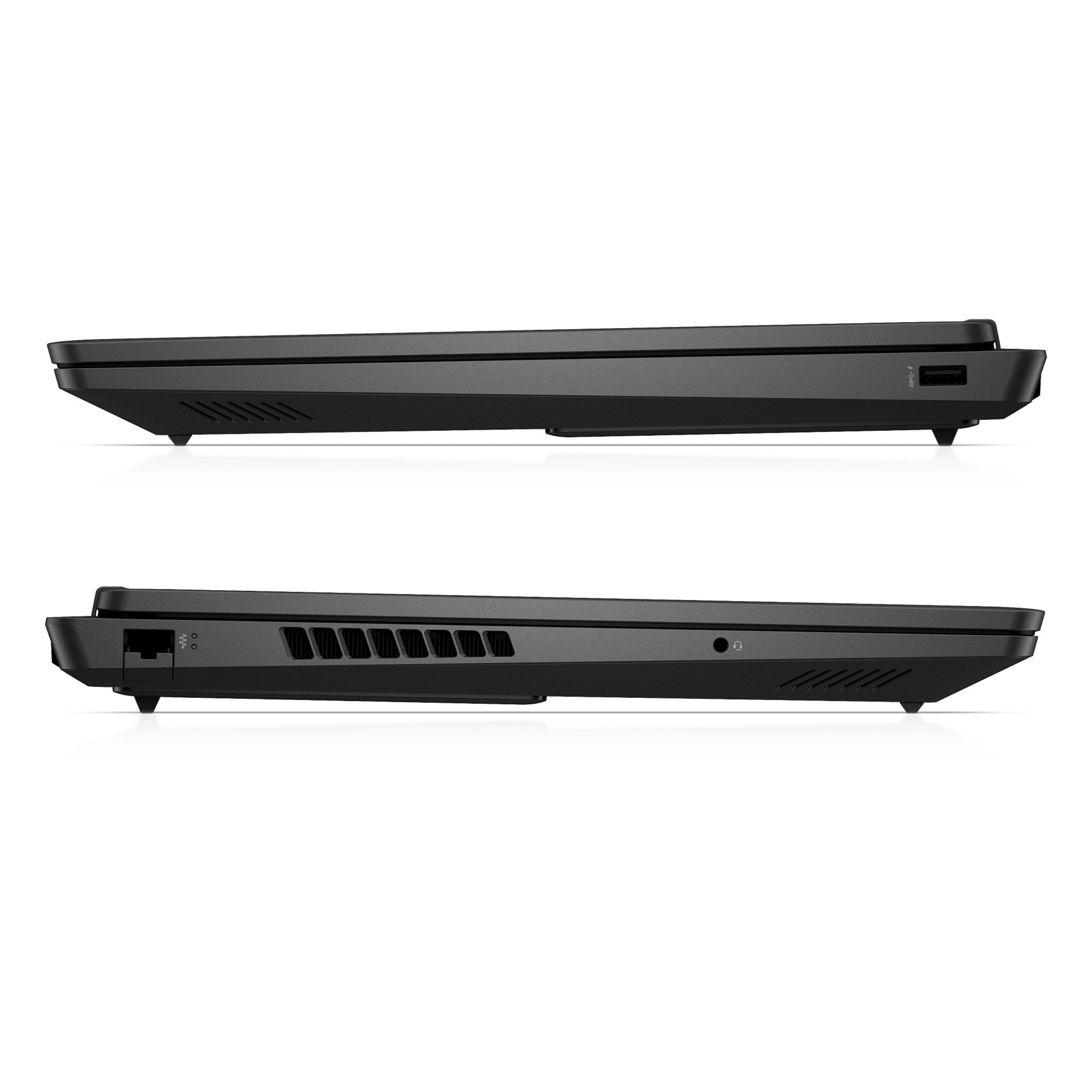 Zwei Seitenansichten eines schwarzen Laptops mit USB-Anschlüssen, Lüftungsschlitzen und Ethernet-Anschluss auf weißem Grund.