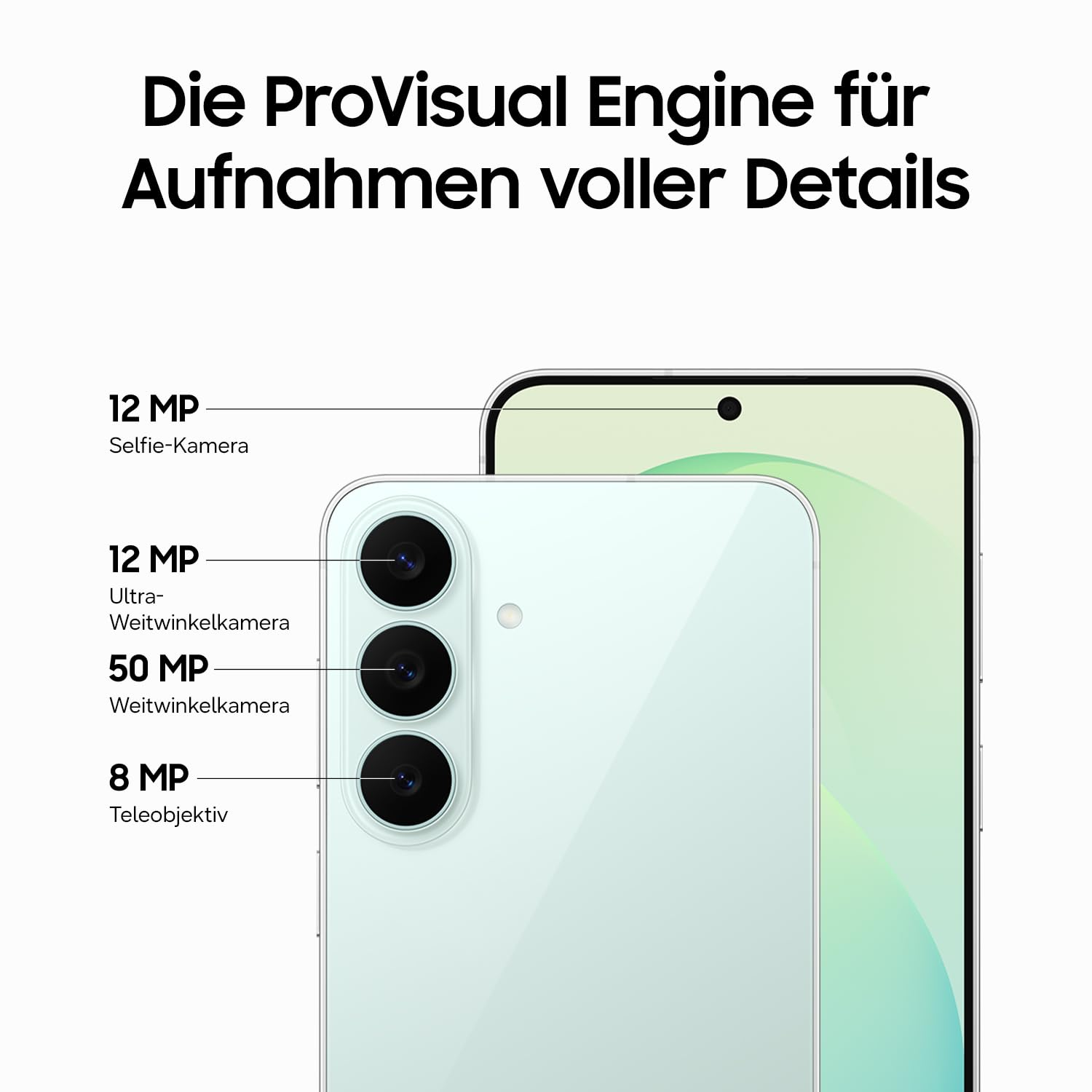 Smartphone-Kamera Details mit drei Rücklinsen und einer Frontkamera und Megapixelangaben.