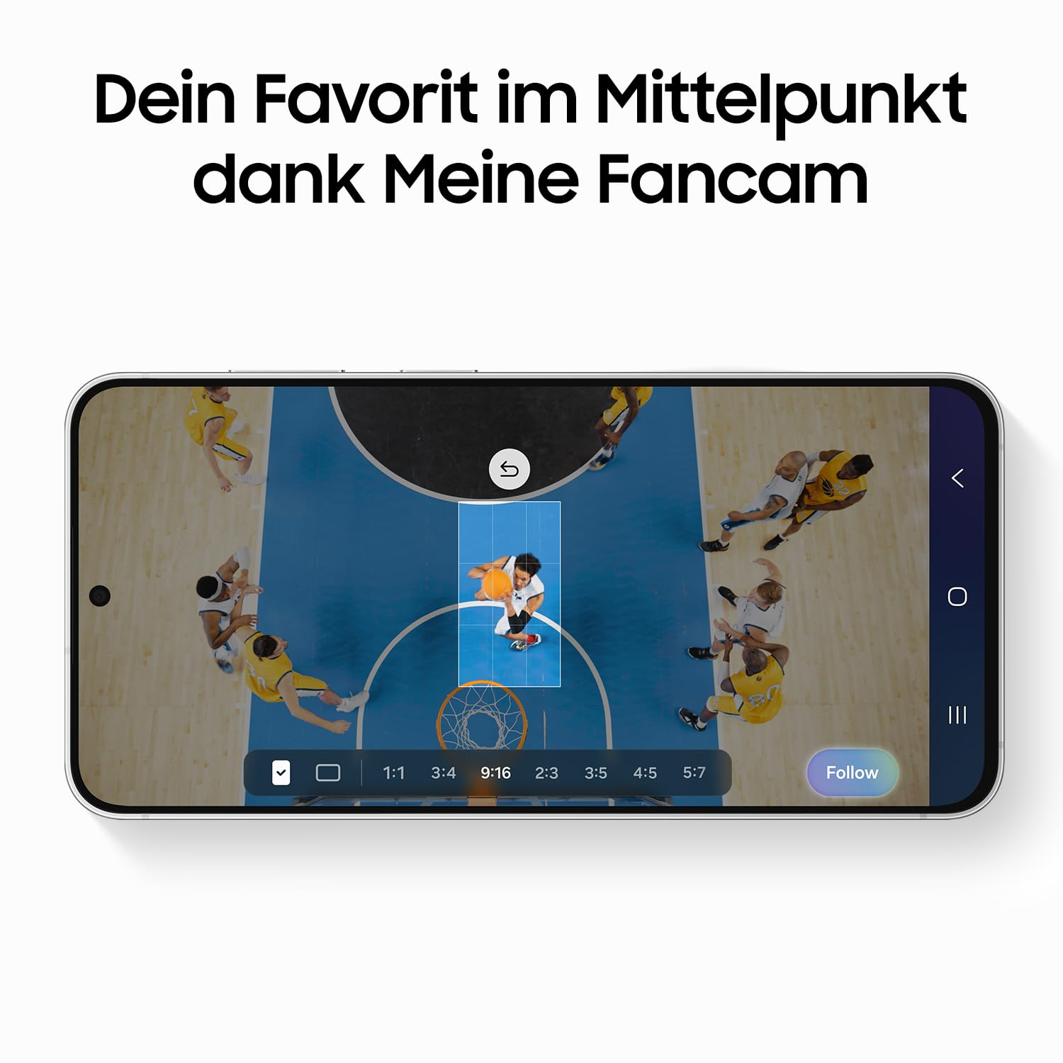 Smartphone zeigt Basketballspiel mit einer Fancam-Ansicht und Auswahlmenü unten.