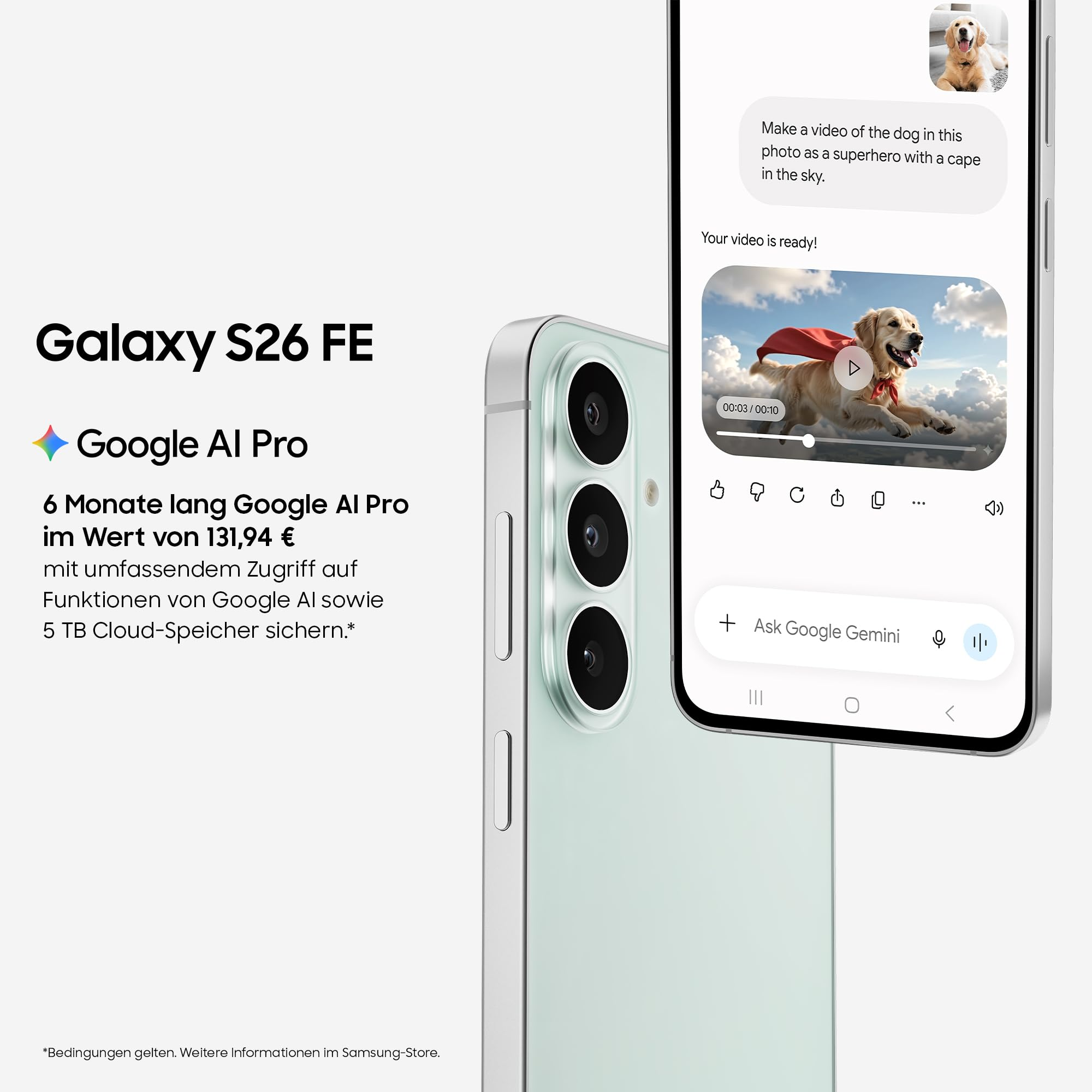 Galaxy S26 FE mit Google AI Pro und Werbetext auf der linken Seite sowie Smartphone-Vorder- und Rückseite.