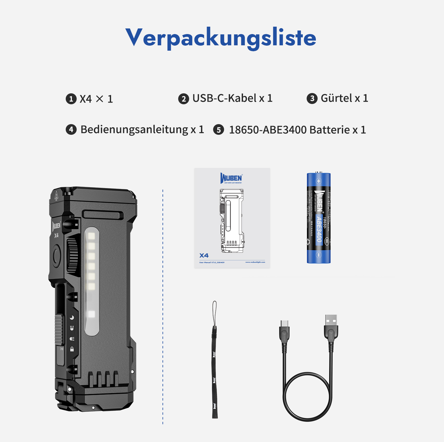 Verpackungsliste zeigt eine schwarze X4-Taschenlampe, ein USB-C-Kabel, einen Gurt, eine Bedienungsanleitung und eine Batterie.