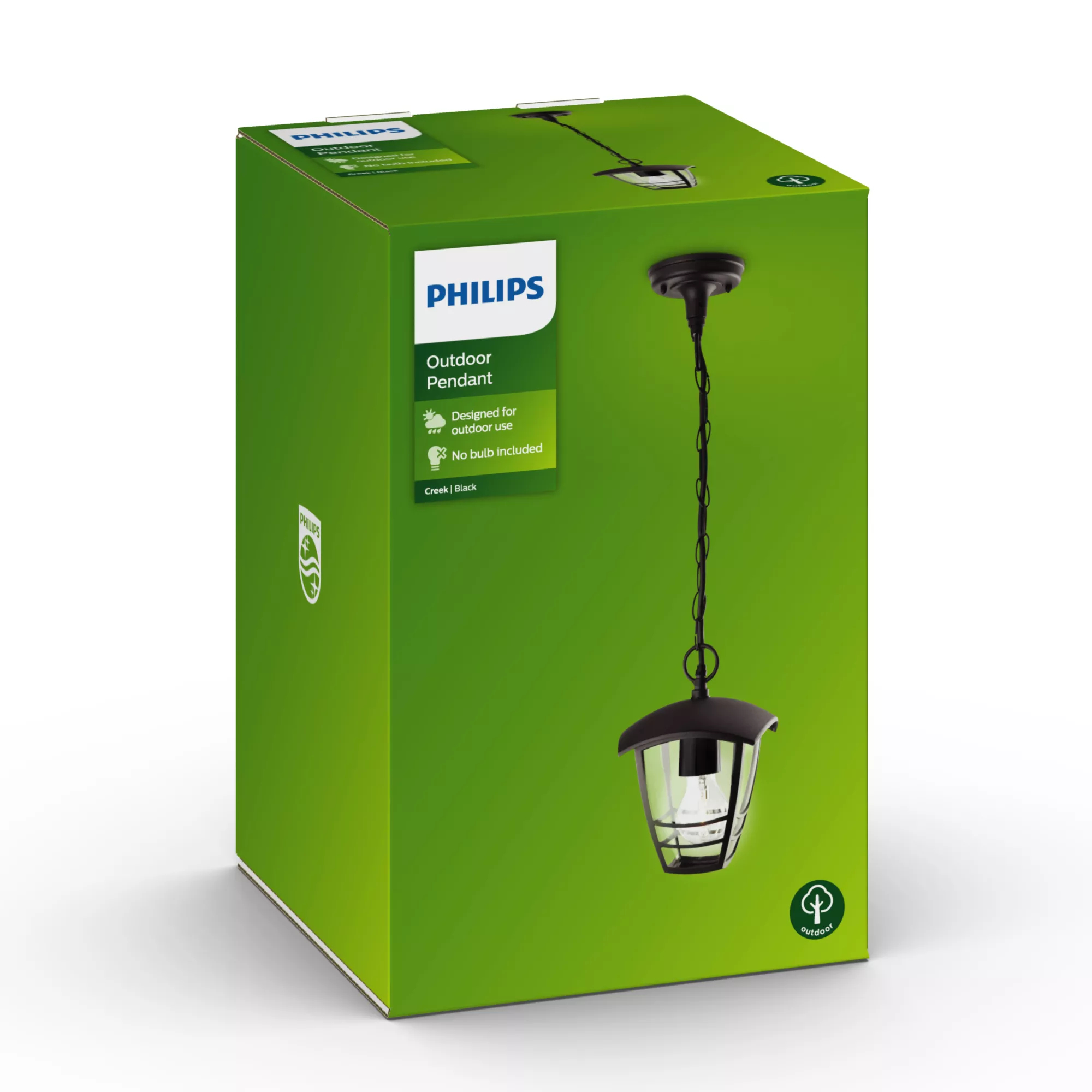 Grüne Philips Verpackung für eine schwarze Außen-Hängeleuchte mit Kette und Glas.