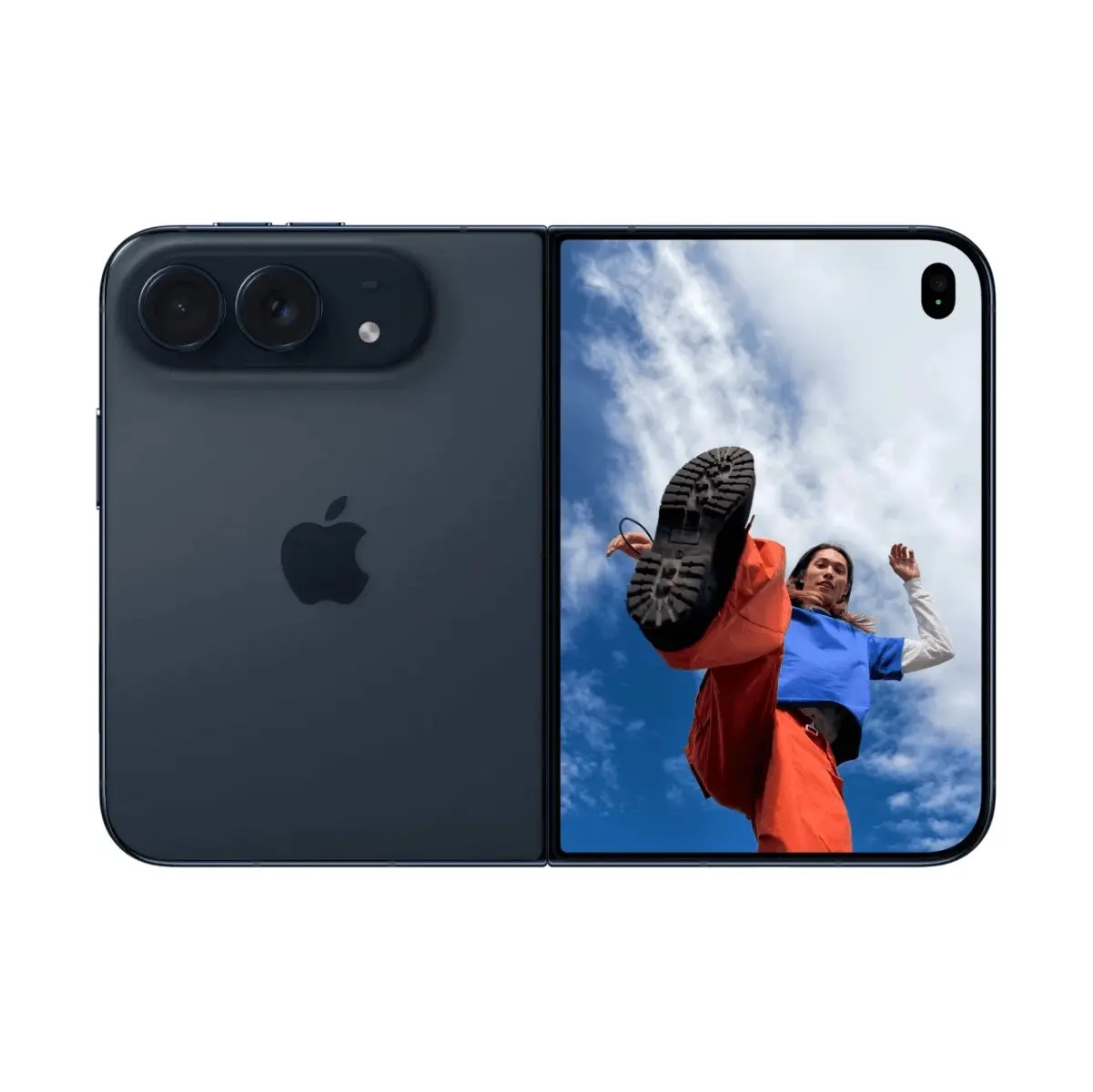 Uno smartphone pieghevole con una doppia fotocamera sul retro e una persona sullo schermo.