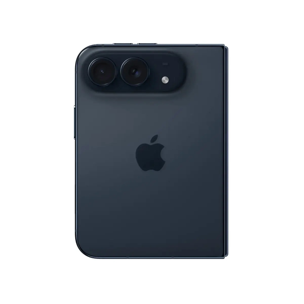 Retro di uno smartphone pieghevole blu scuro con logo Apple e fotocamera.