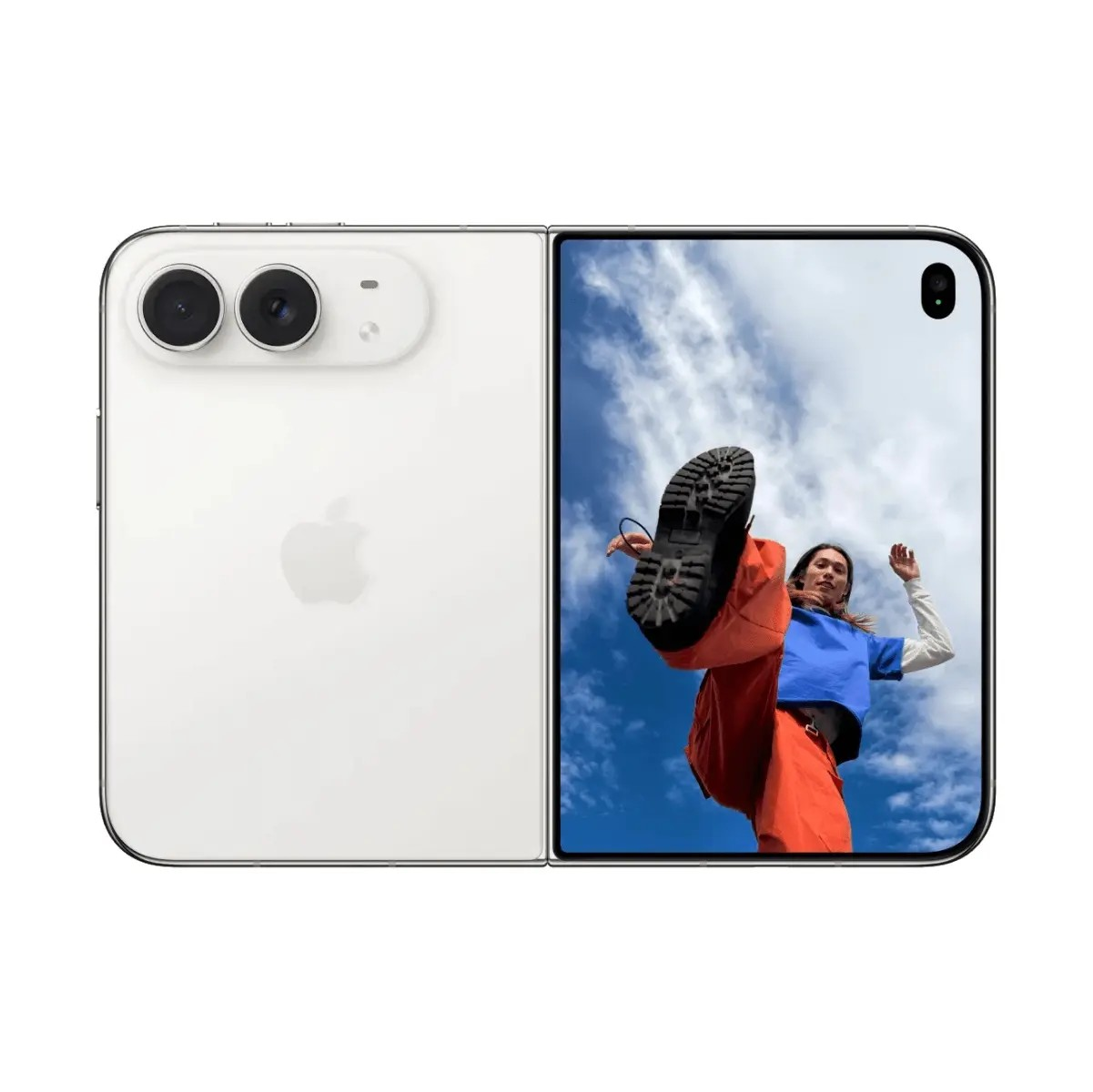 Telefono pieghevole bianco con logo Apple, due fotocamere posteriori e persona sullo schermo.