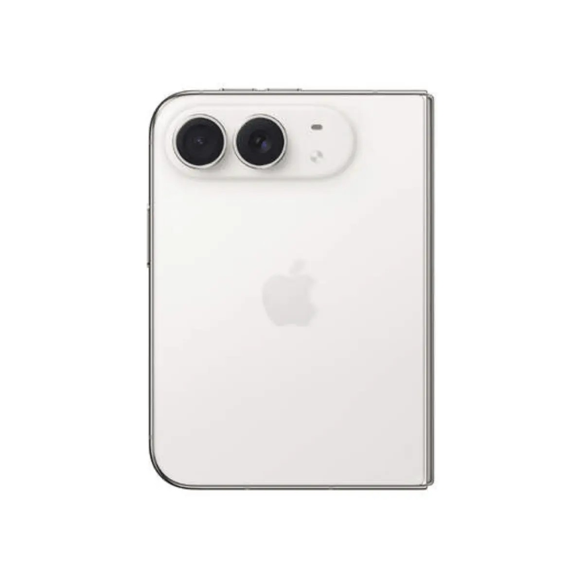 Retro di uno smartphone bianco con doppia fotocamera orizzontale e logo Apple al centro, su sfondo bianco.