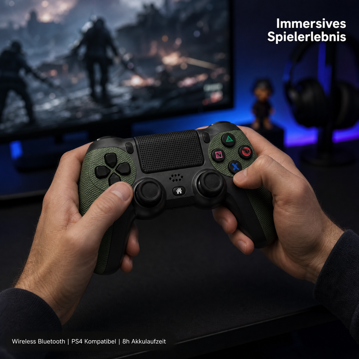 Person hält einen schwarz-grünen PS4-Controller vor einem beleuchteten Bildschirm mit Spielszene.