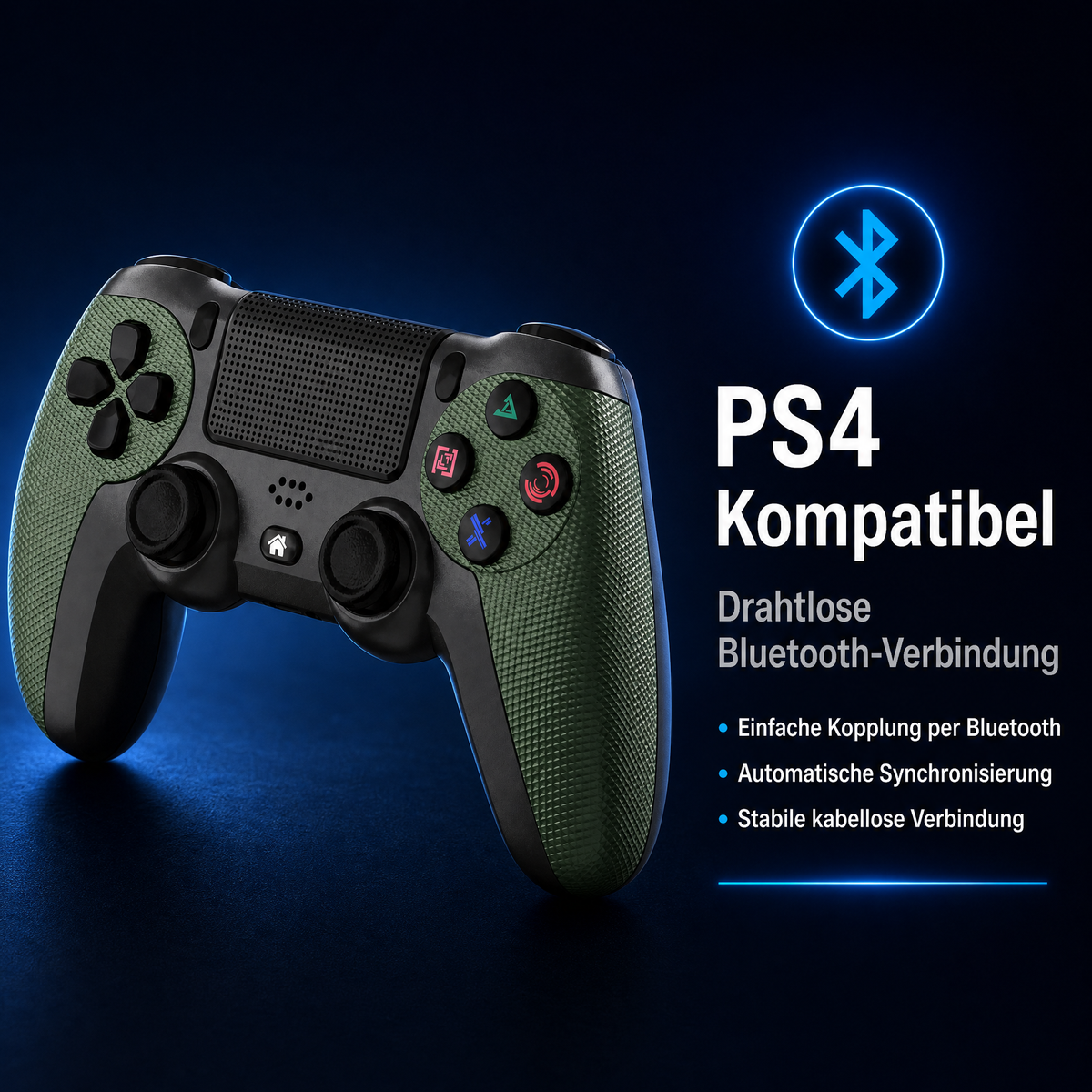 Grüner und schwarzer PS4-Controller mit Bluetooth und Text.