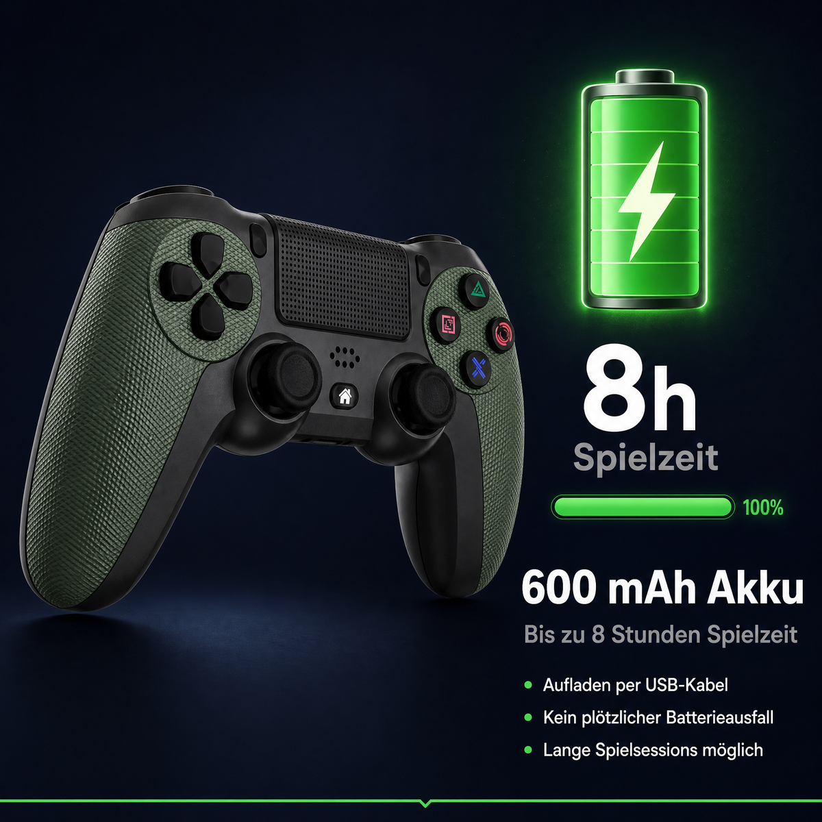Ein schwarz-grüner Gaming-Controller neben einem leuchtend grünen Akku-Symbol, das 8h Spielzeit anzeigt.