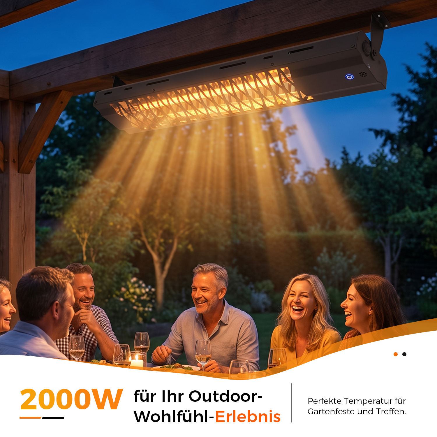 Un calefactor de patio calienta a un grupo de personas felices cenando al aire libre por la noche.