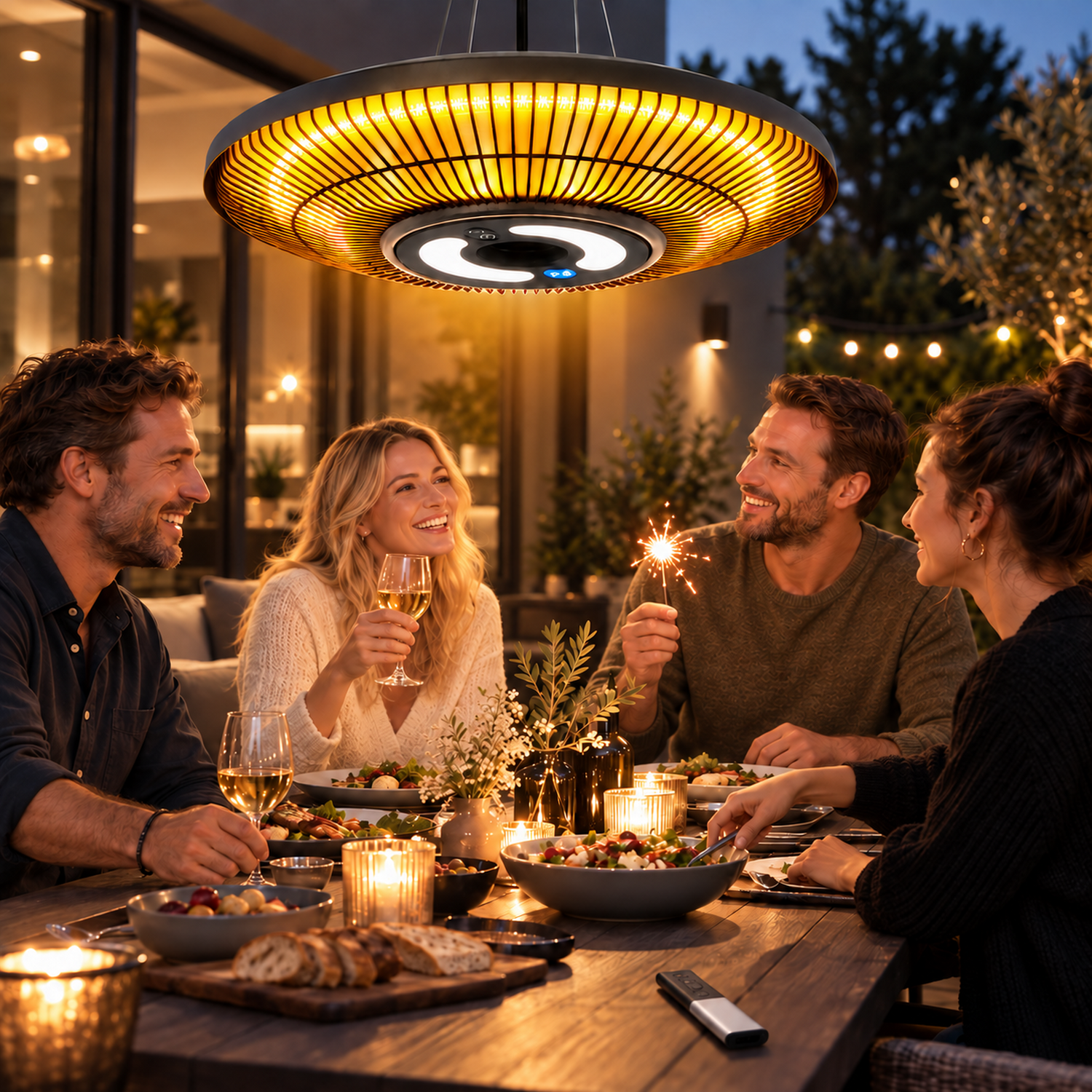 Cuatro amigos sonríen y celebran en una mesa bajo un gran calentador de patio redondo por la noche.