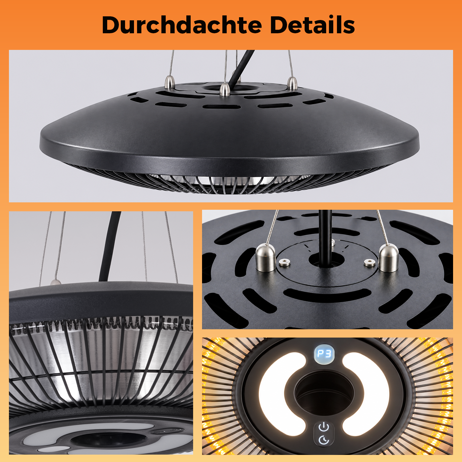 Cuatro imágenes muestran detalles de un calefactor colgante negro, incluyendo suspensión, elementos calefactores y pantalla.