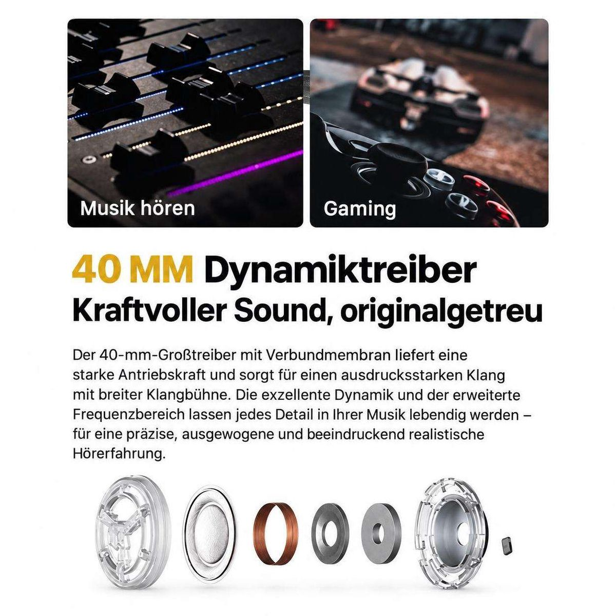 Produktwerbung für Kopfhörer mit 40-mm-Dynamiktreibern, Musik- und Gaming-Bildern sowie deutscher Beschreibung.