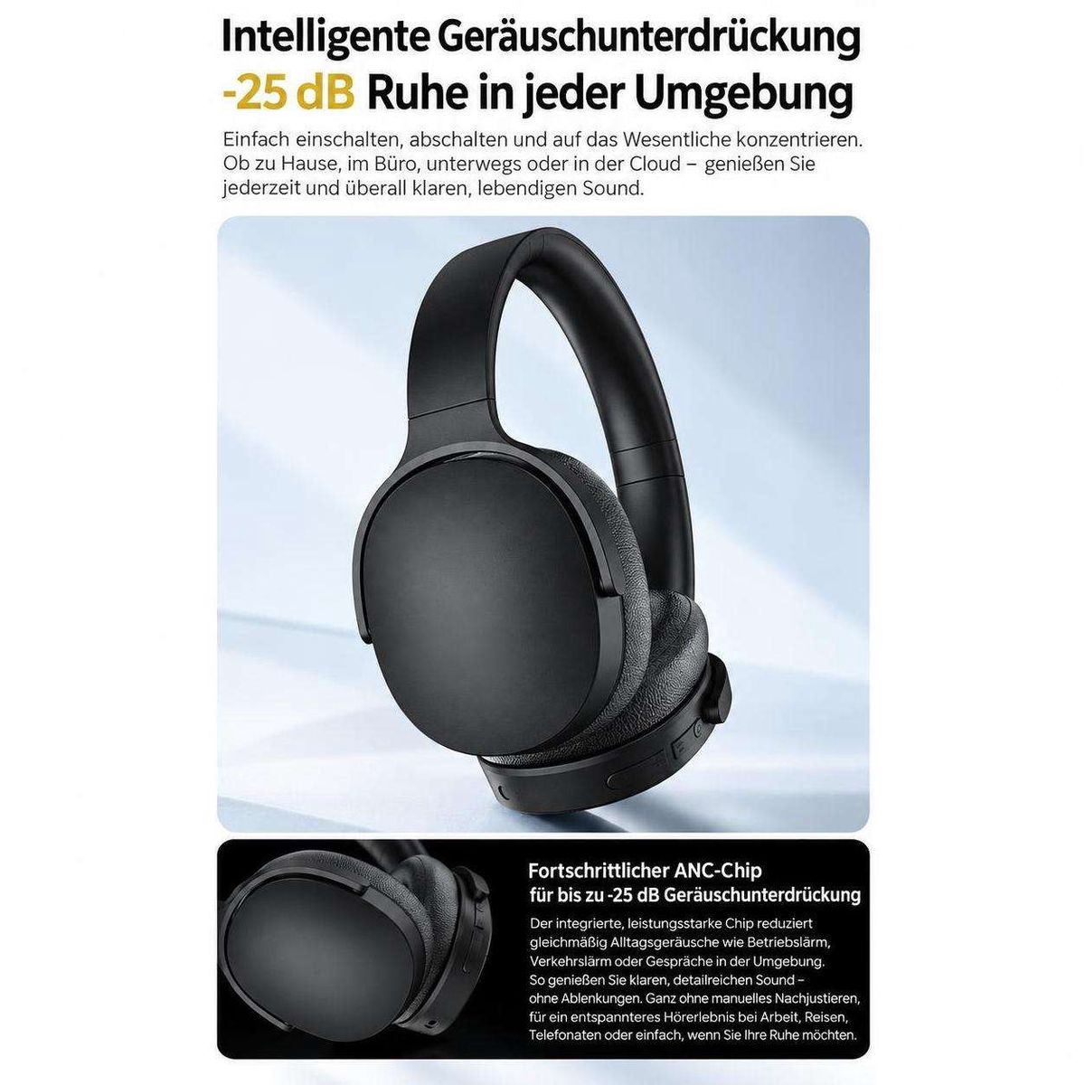 Schwarze Over-Ear-Kopfhörer mit aktiver Geräuschunterdrückung und erklärendem Text.