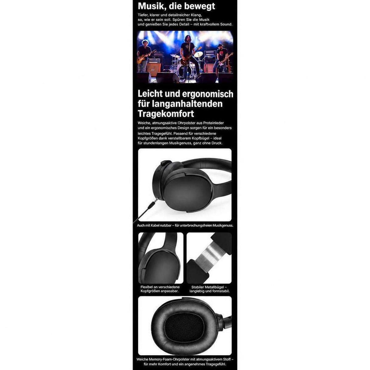 Produktbanner für ergonomische Over-Ear-Kopfhörer mit Bandtexten und Detailbildern auf schwarzem Hintergrund.