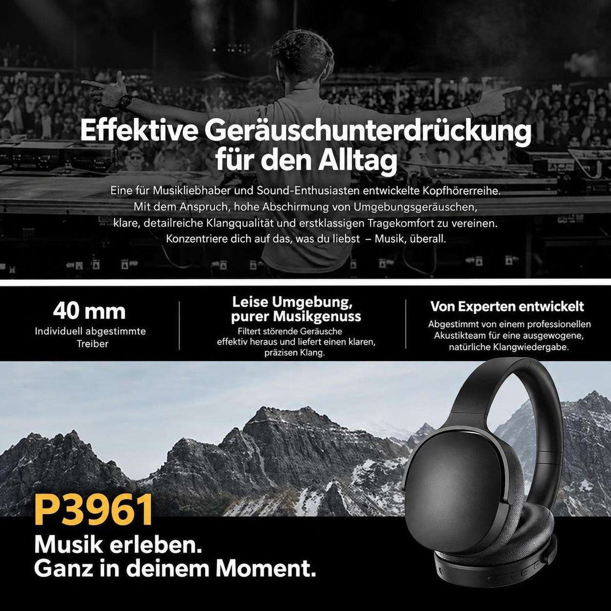 Werbung für P3961 Kopfhörer mit Geräuschunterdrückung vor einer Bergkulisse.