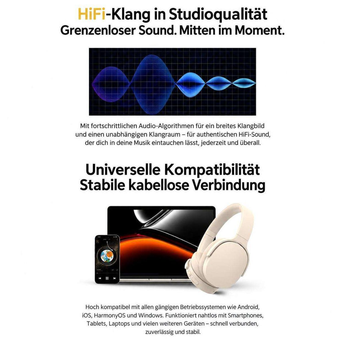Werbegrafik für kabellose Kopfhörer mit Soundwelle, Tablet und Smartphone vor weißem Hintergrund.