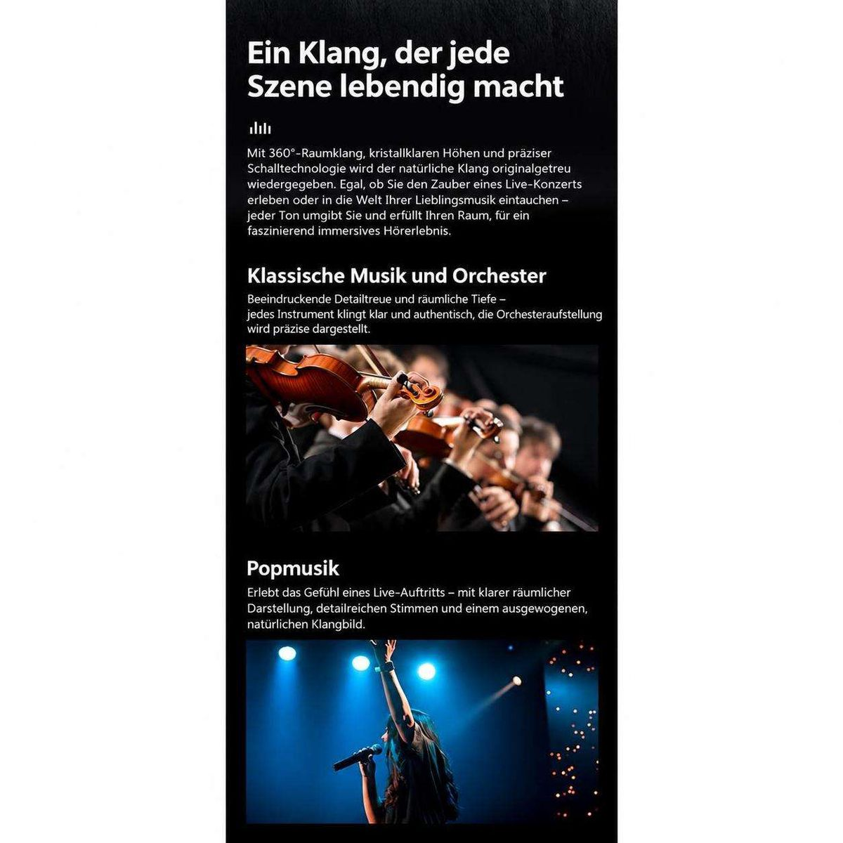 Werbeanzeige mit Text in deutscher Sprache, einem Geiger im Orchester und einer Sängerin auf der Bühne.