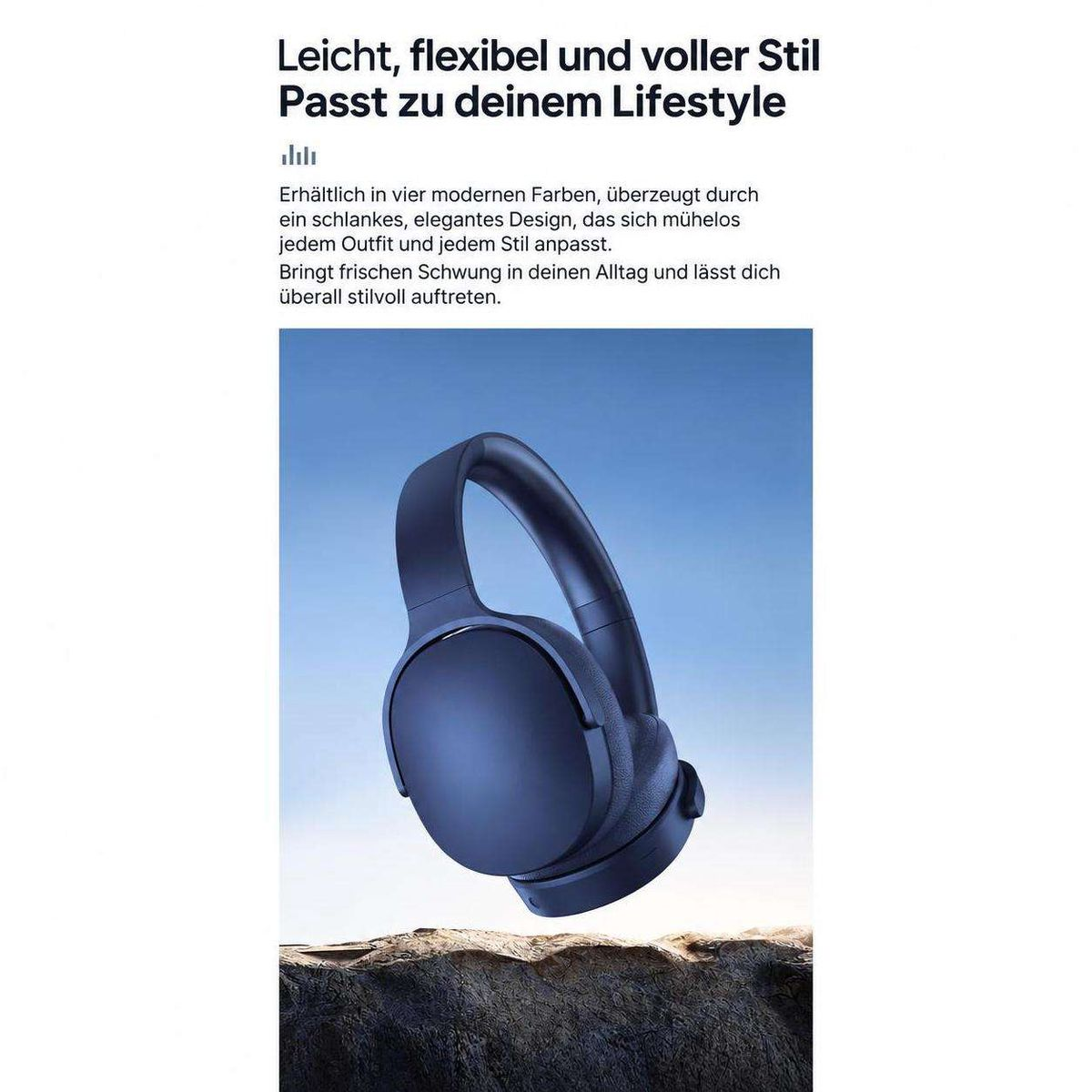 Blaue kabellose Kopfhörer über einer steinigen Oberfläche vor blauem Hintergrund mit deutschem Werbetext.