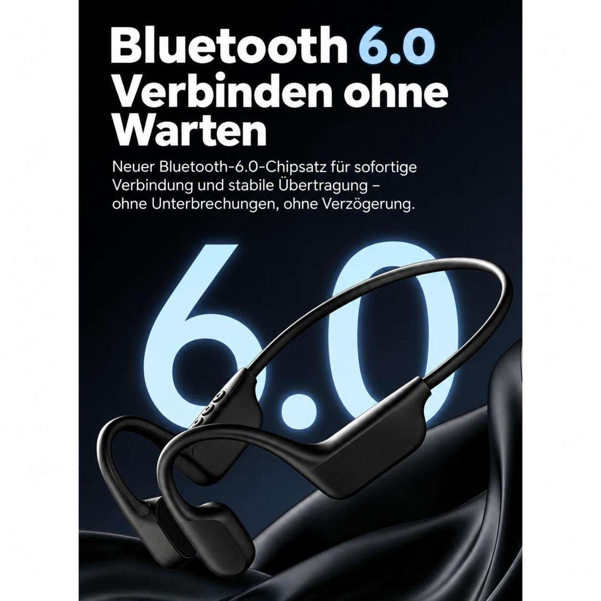 Werbebild für Bluetooth 6.0 Kopfhörer vor dunklem Hintergrund mit blau leuchtendem Text.