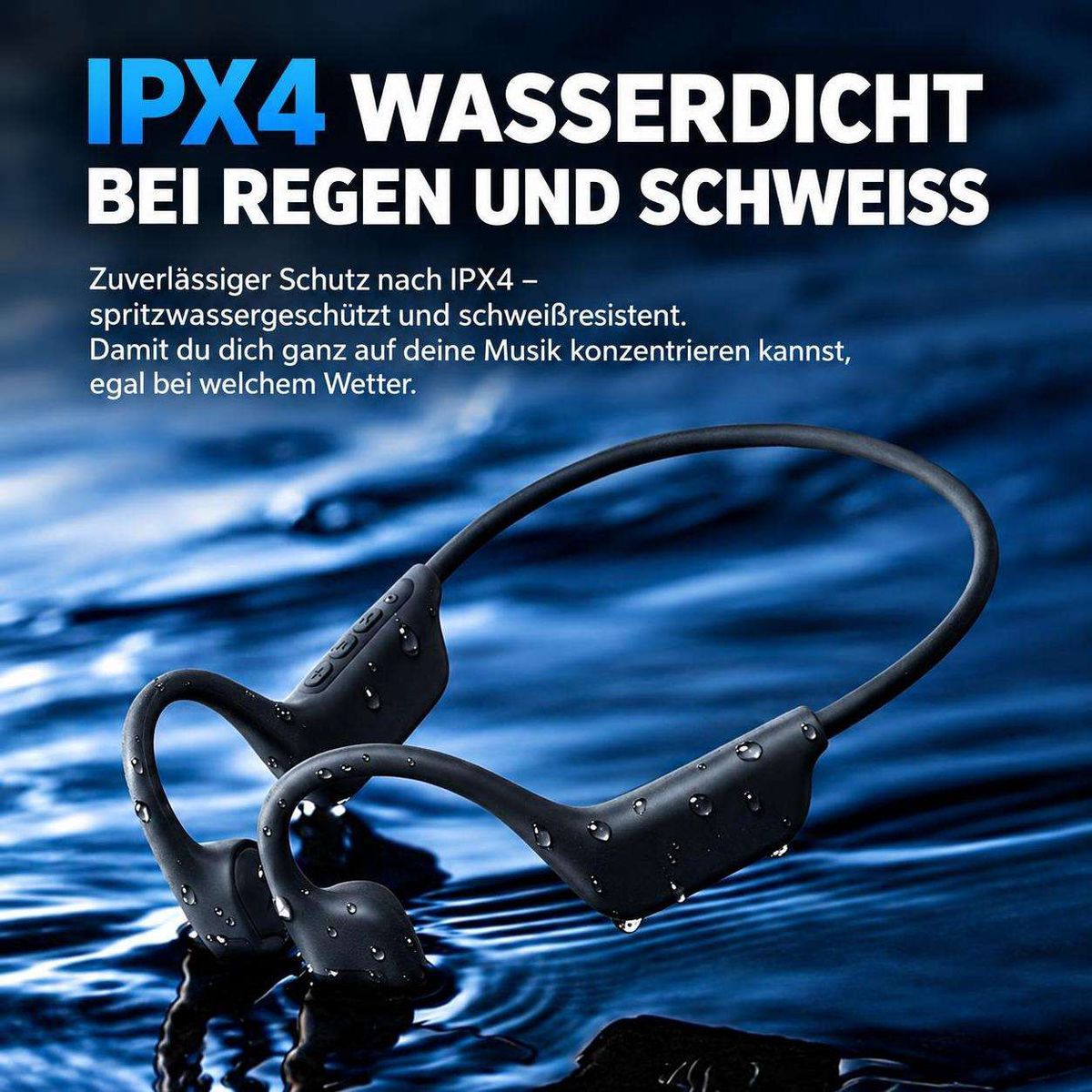 Wasserdichte Knochenleitungskopfhörer mit Wassertropfen auf dunklem Hintergrund und deutschem Werbetext.