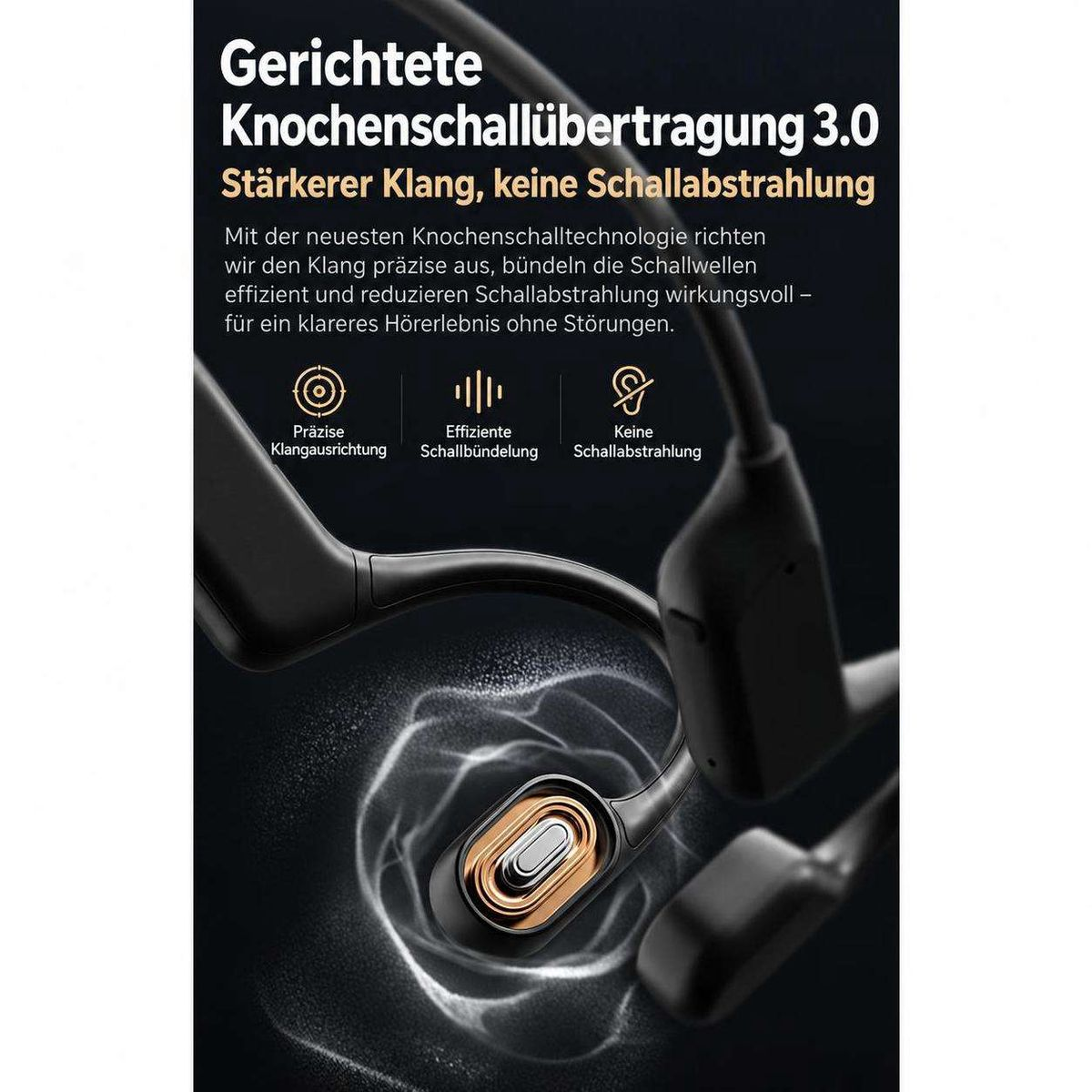 Werbebild für Knochenschallkopfhörer mit deutscher Technologiebeschreibung und Icons.